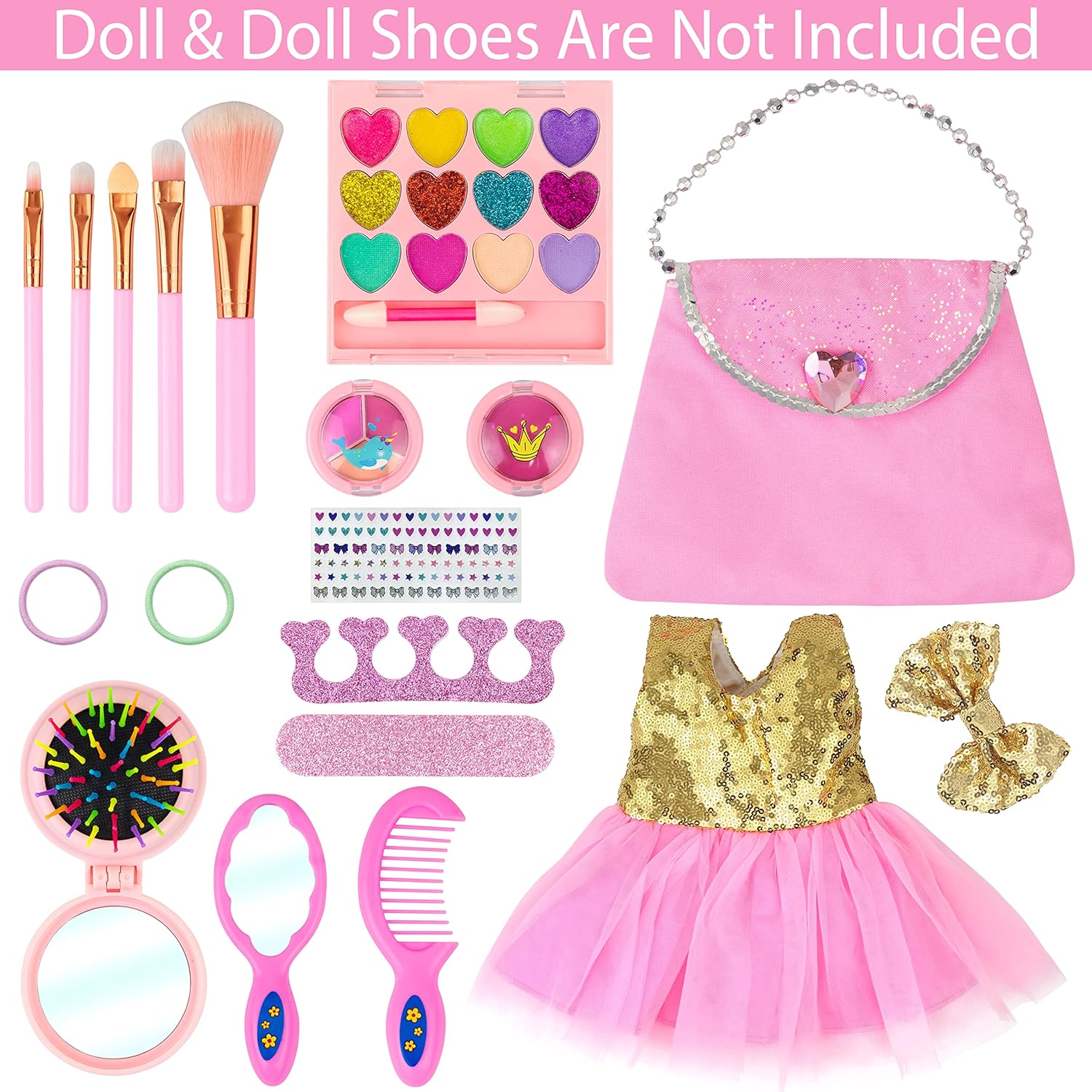 Ecore Fun 19-Piece 18 Inch Doll Clothes & Makeup Set with Dress Cosmetic Bag Brushes Eye Shadow Blushers Hairclip Hair-Ties Combs Mirror Nail File Accessories, Gift for Ages 3+
