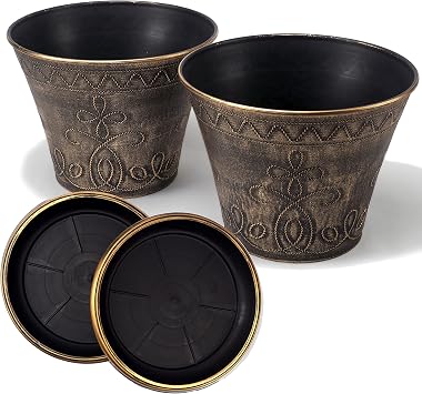 Large Fancy Decorative Planter 2 Pack Rustic French Country Look Flowerpot Nursery Pot for Indoor, Outdoor, Garden, Patio, Office, Home Decor Use. Long Lasting, Reusable Light Weight Gold-L