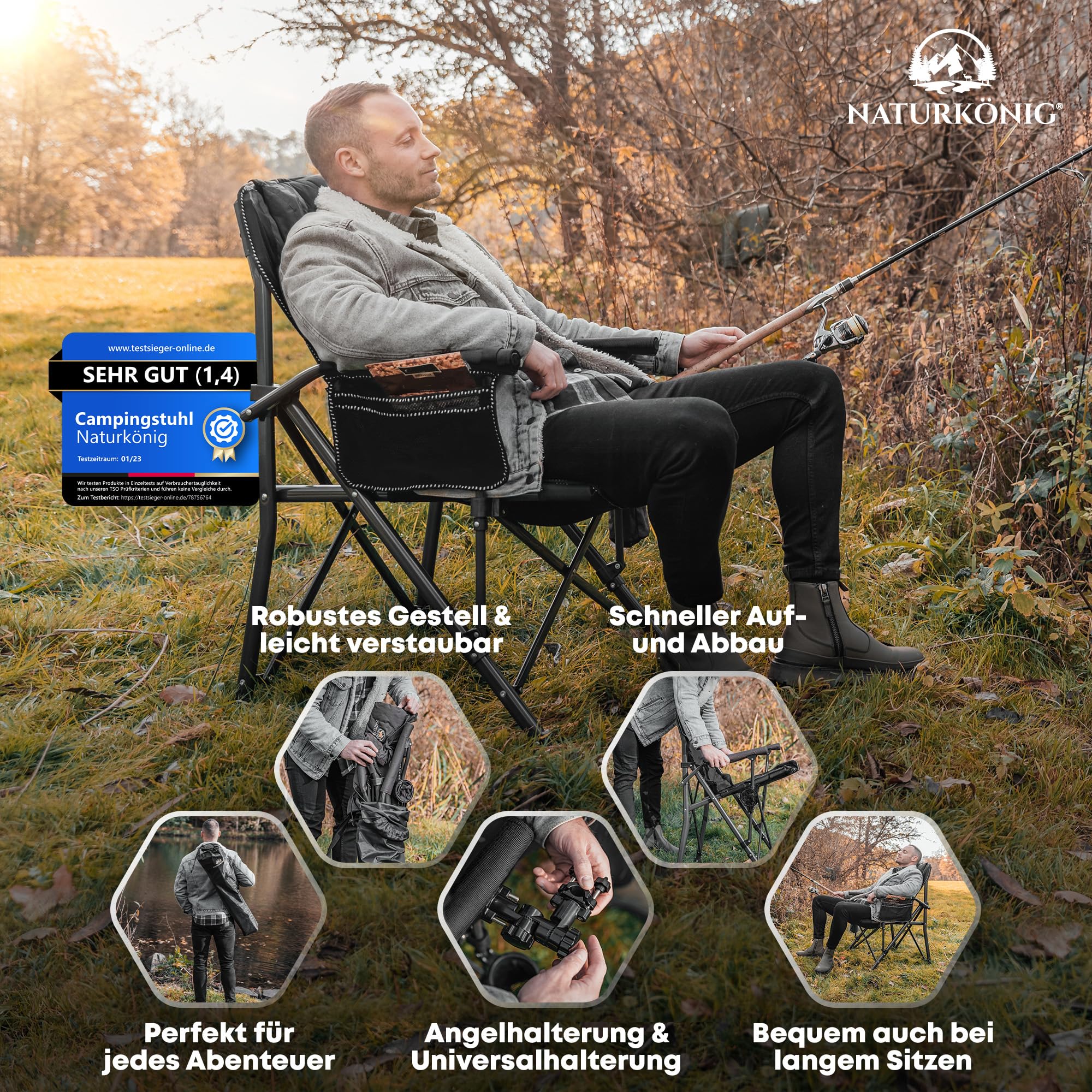 Campingstuhl Faltbar bis 160 kg Große Sitzfläche Klappstuhl | Ergonomischer Angelstuhl mit Kissen Tasche Getränkehalter, klappbarer Strandstuhl & Faltstuhl für Camping, Angeln & Outdoor