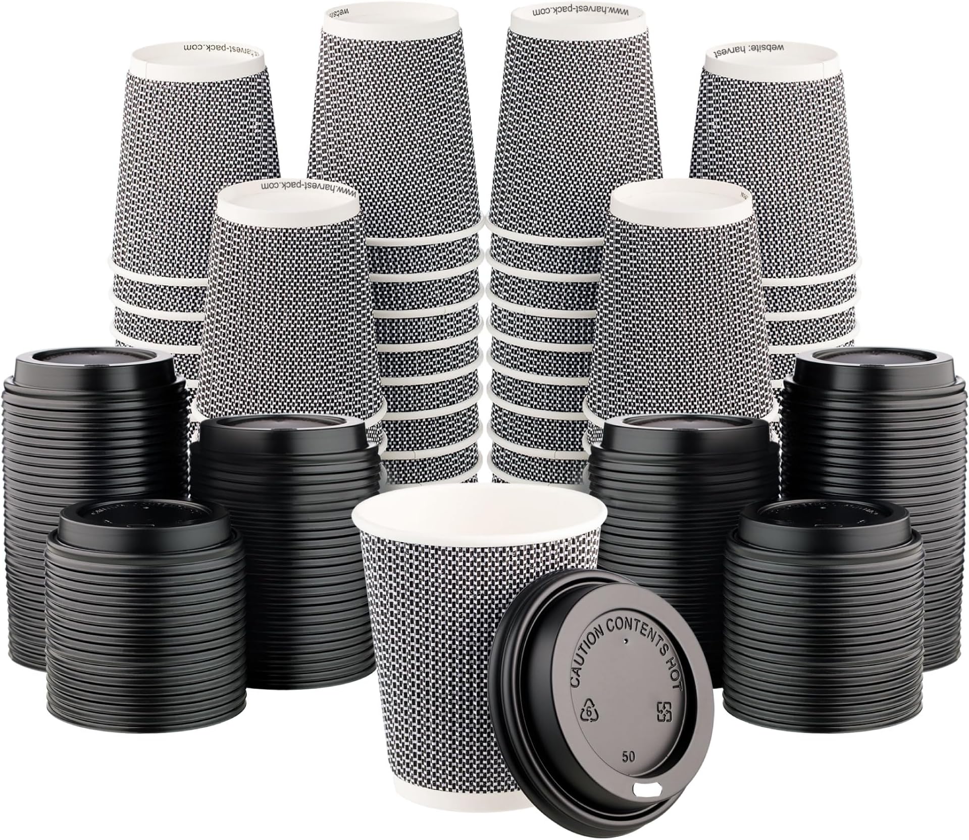 8 oz Disposable Paper Coffee Cups with Lids Insulated Double-Walled Togo | 600 SET,Coffee Bar Accessories,Corrugated Ripple to go Coffee Cups,Black,Geometric,Chocolate,Hot Drink,Cafe,Espresso,Hakoware
