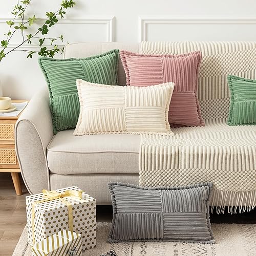 Miniatura 4 de UGASA - Juego de 2 fundas de almohada de pana súper suaves con diseño de rayas entretejidas con costado ancho para sofá, cama, sofá, regalo para el
