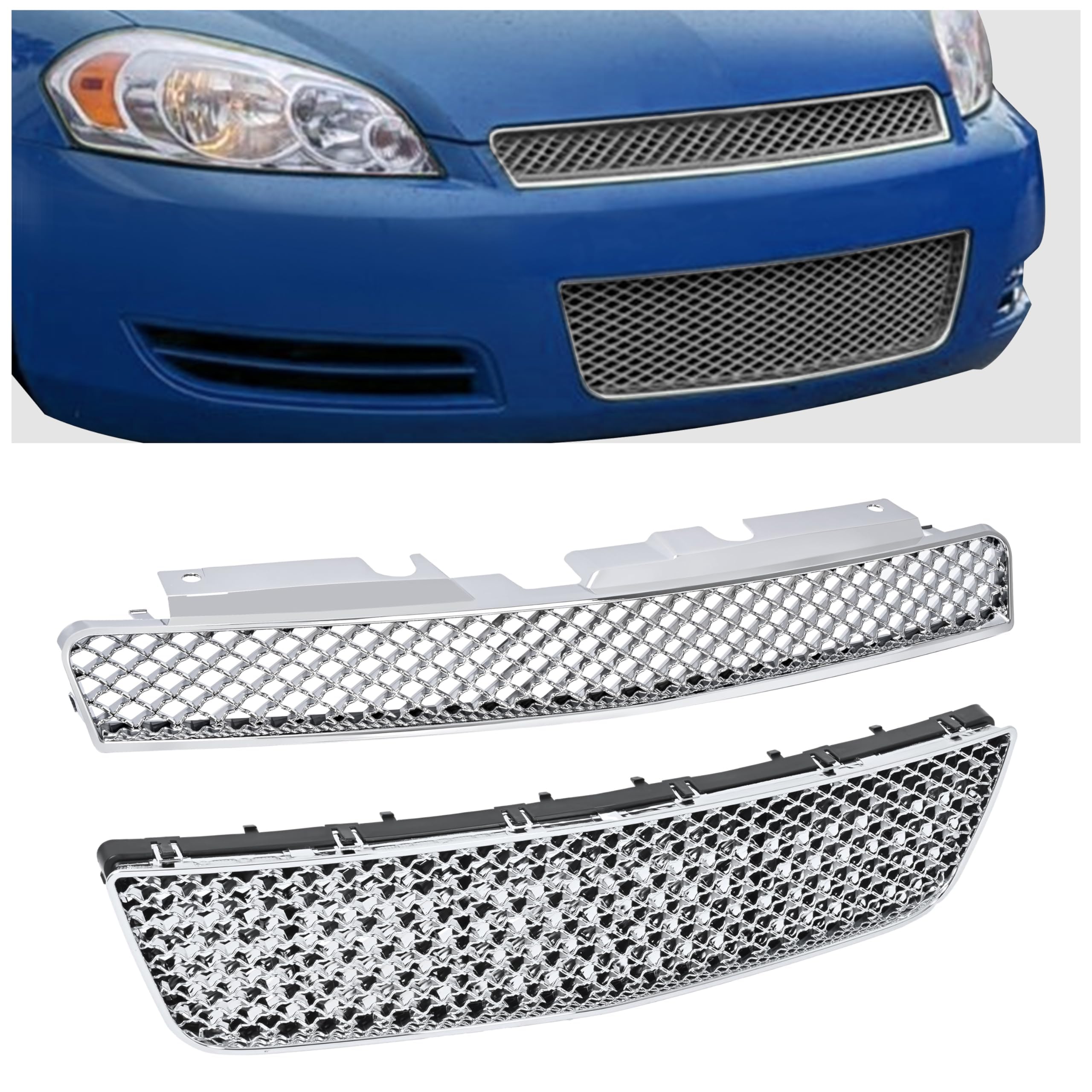 KUAFU Front Bumper Upper + Lower Grill Compatible with 2006-2016 Chevy Impala Hood Grill Insert Guard Silvery