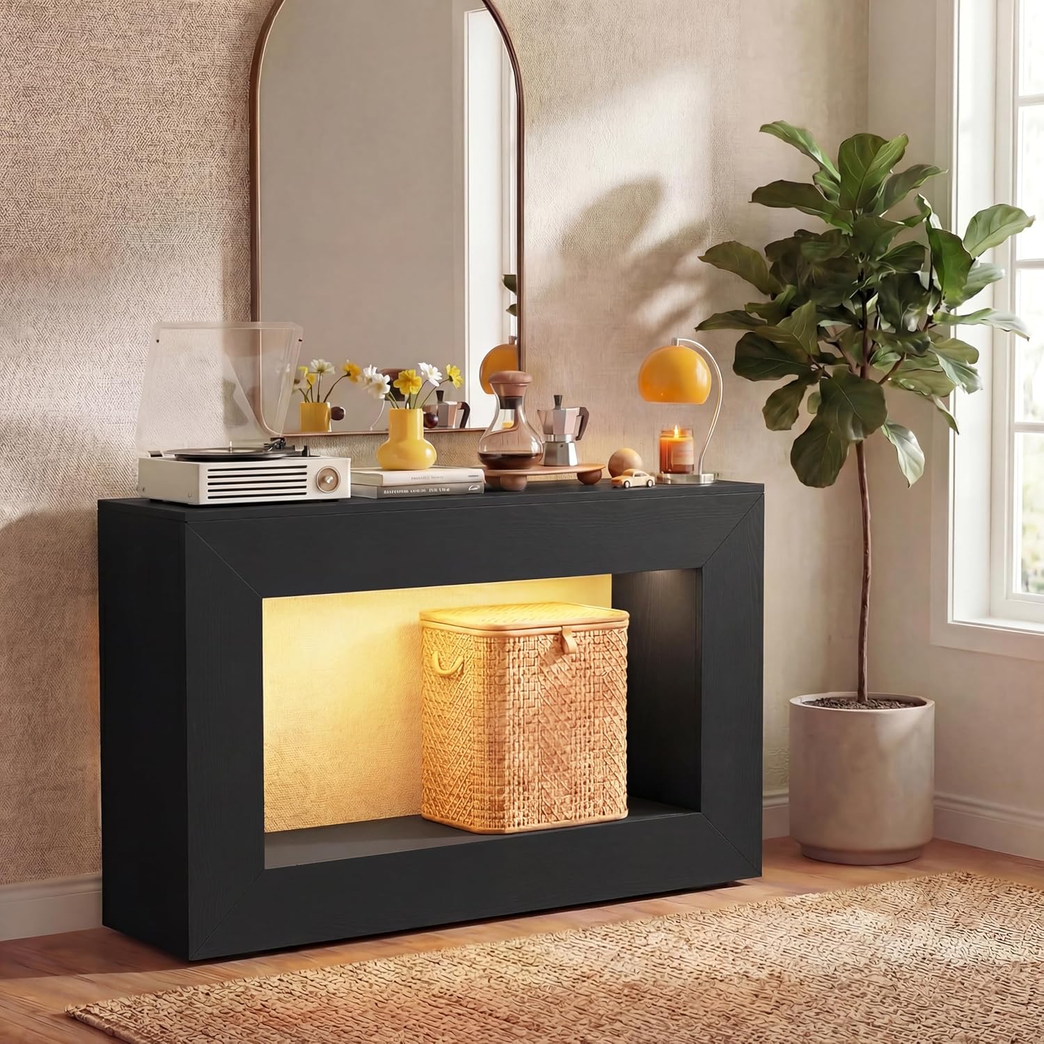 47 Inch Entryway Console Table with LED Light, Farmhouse Narrow Console Sofa Table with Storage, Wood Behind Couch Table for Living Room, Entrance, Black