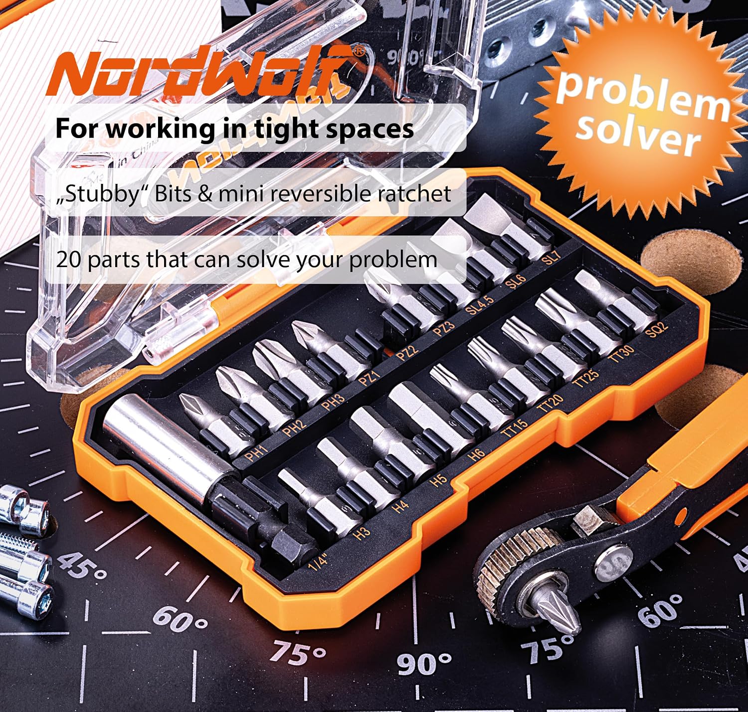 20PCS Low Profile Right Angle Mini Reversible Ratchet Wrench and Bits Set image 2