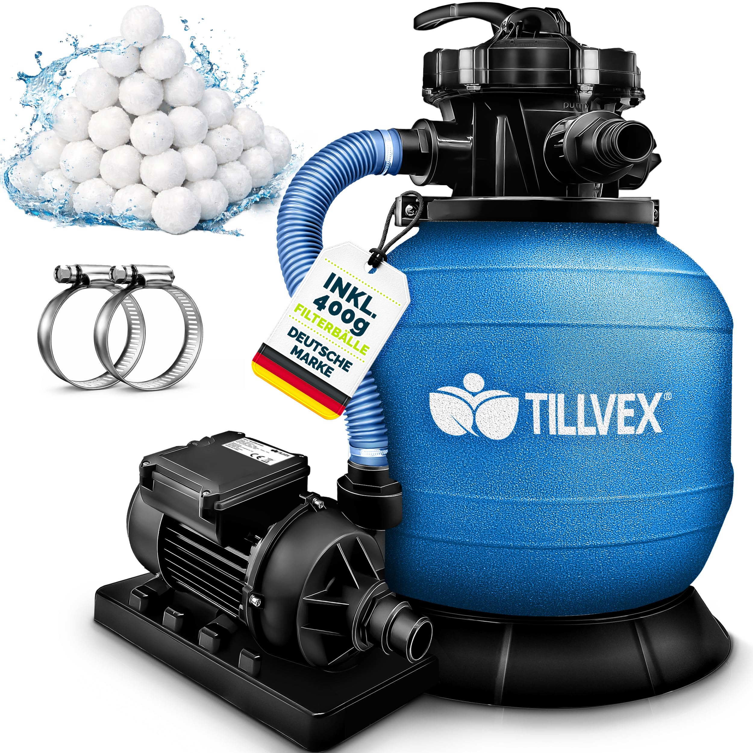 tillvex® Sandfilteranlage Pool 7.900L/h inkl. 400g Filterbälle | Filteranlage 7-Wege Ventil & 2in1 Adapter Ø32mm - 38mm | Poolfilter mit Druckanzeige | Sandfilter für Schwimmbecken (Blau)