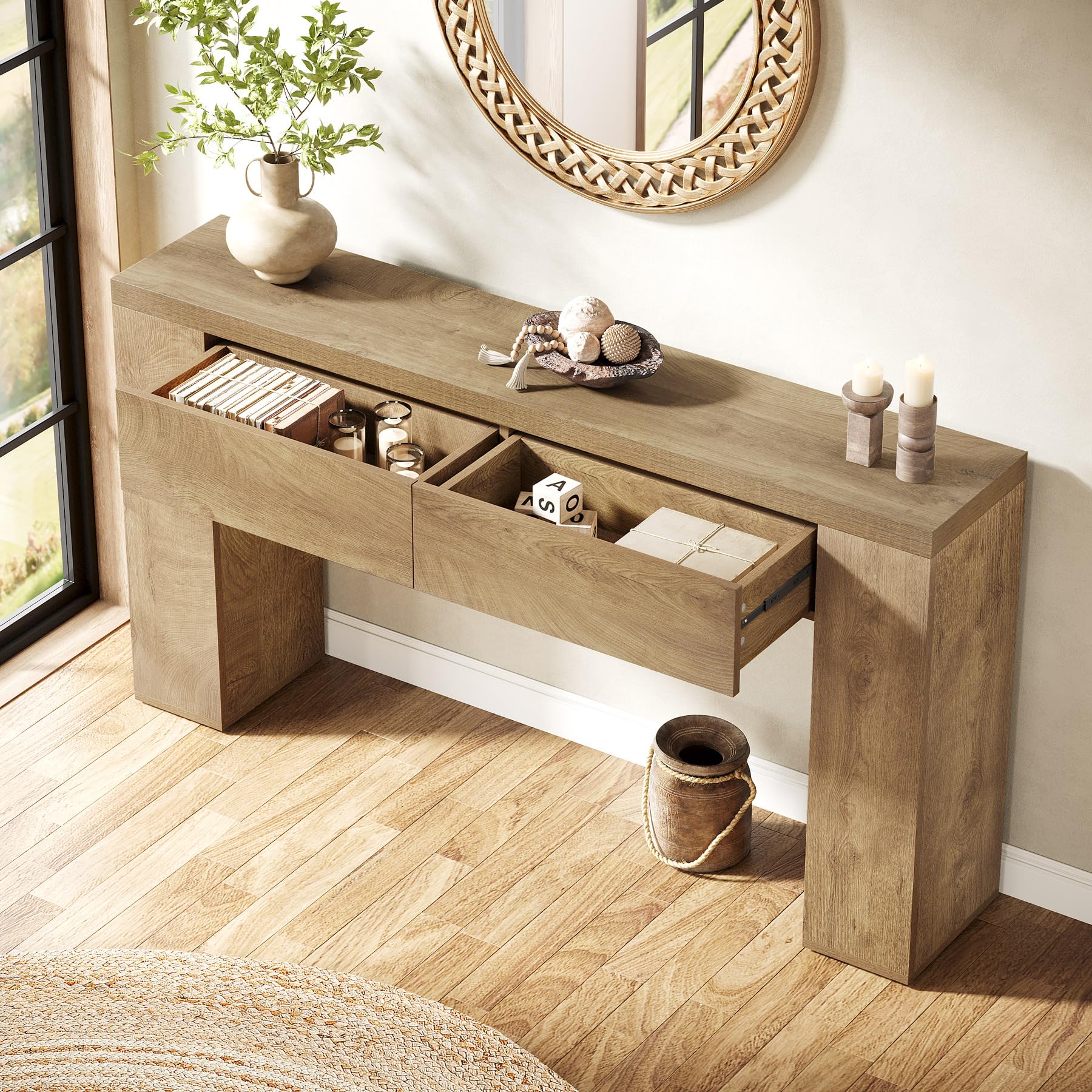 Tribesigns Tavolo consolle da 160 cm con 2 cassetti, tavolino da corridoio sottile con vano portaoggetti, moderno in legno dietro il divano, stile rustico, per corridoio, soggiorno, corridoio