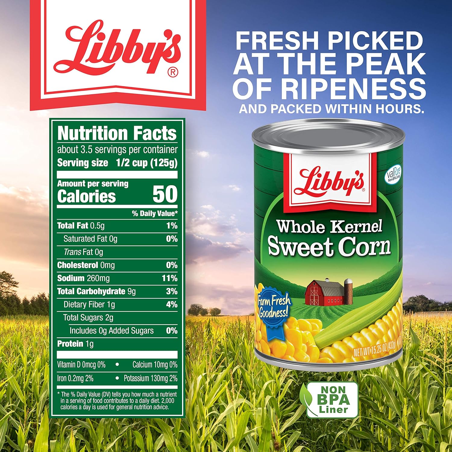 Libby's Whole Kernel Sweet Corn | 100% Sweet Corn | Naturally Sweet Flavor | Golden Yellow | Just-Off-the-Cob Crispness | Kosher | 15.25 ounce cans (Pack of 12)