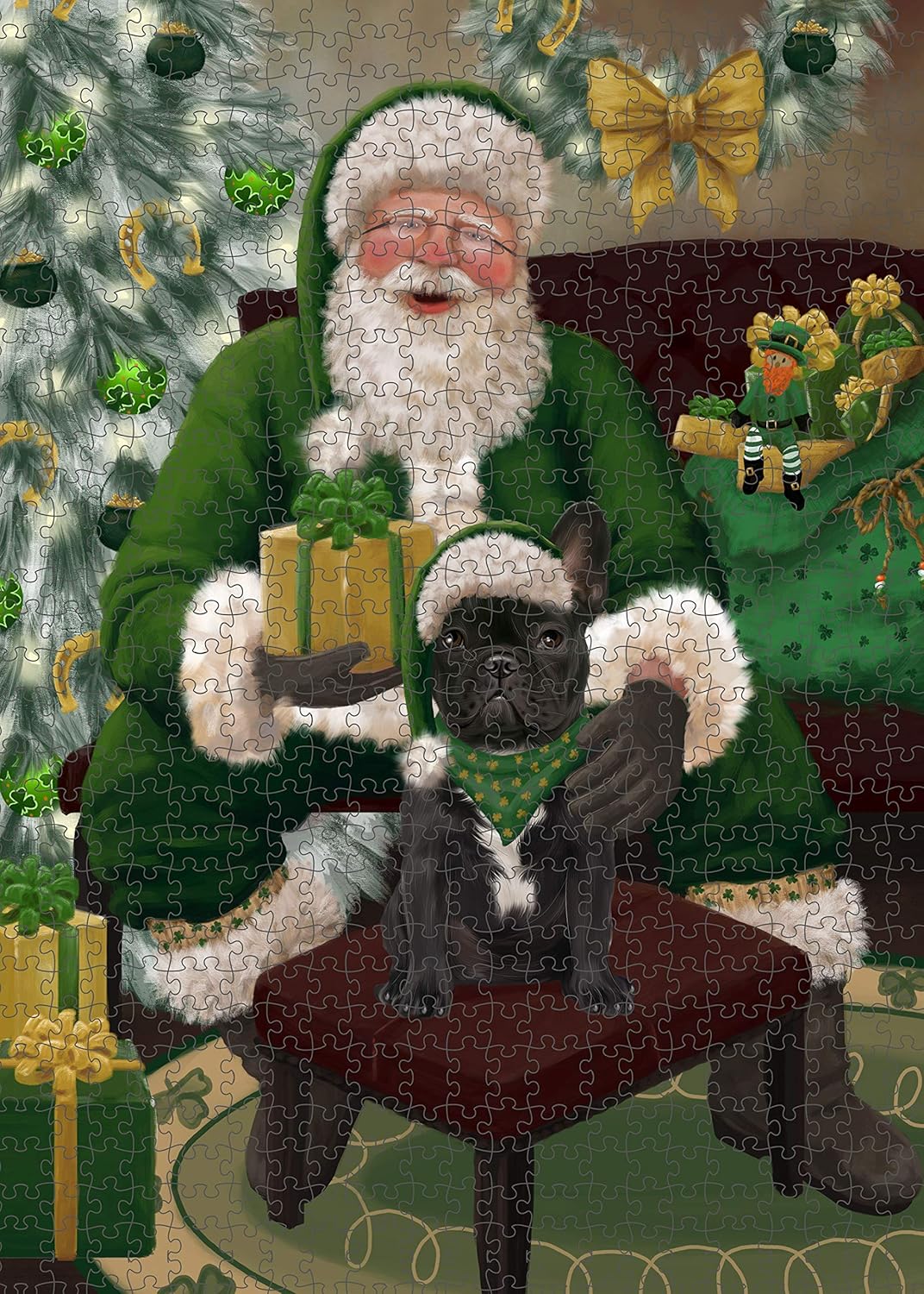 Christmas Irish Santa with Gift and French Bulldog Jigsaw Puzzle for Adults - Animal Printed Interlocking Puzzle Game Artwork - Gift for Dog Lover's -1000 Pcs 29.5"x19.7", PZLE60082