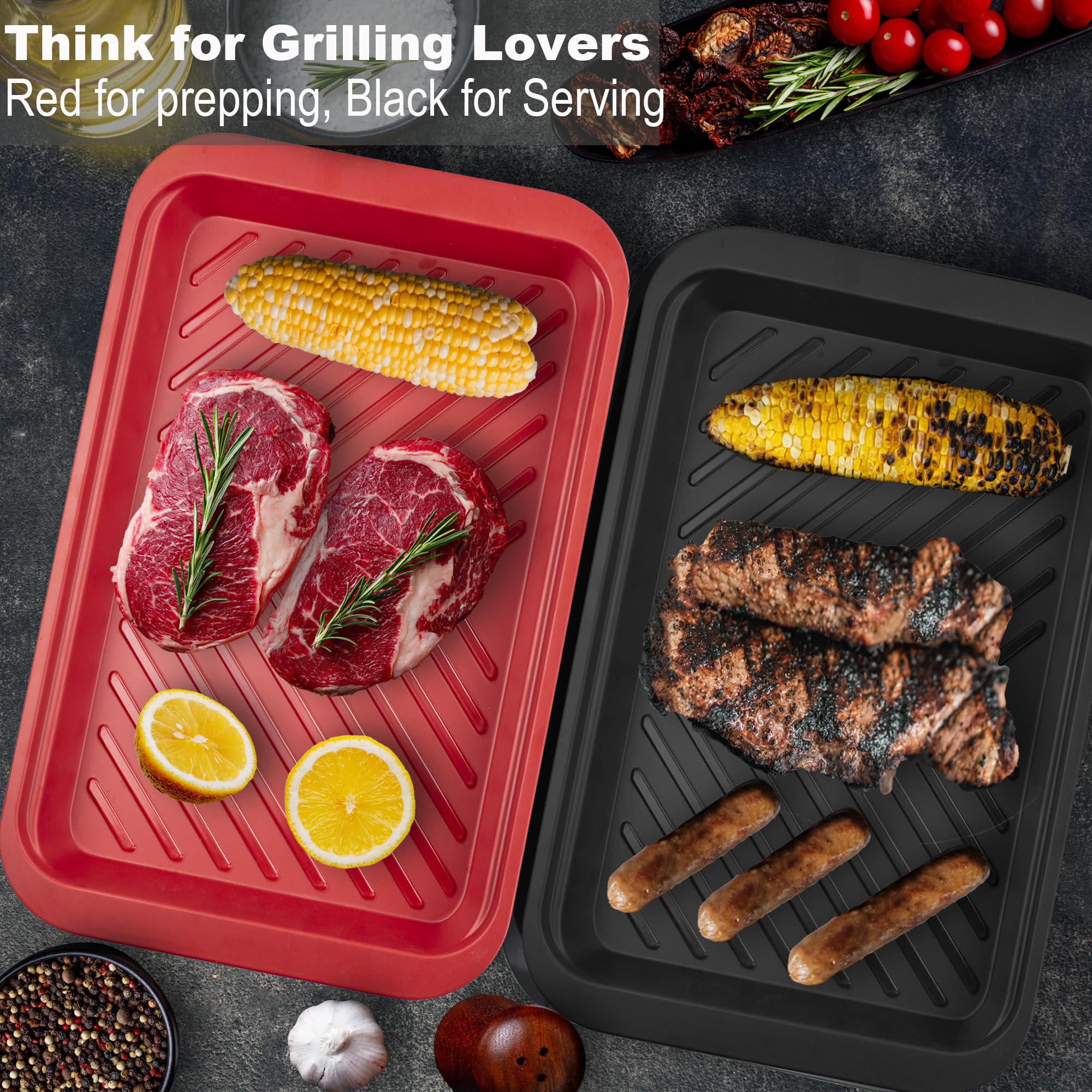 Czlizdyt Bandejas para preparar y servir a la parrilla profunda con tapa, bandeja de barbacoa para marinar alimentos crudos y cocidos, bandejas anidables aptas para lavavajillas, color negro en rojo
