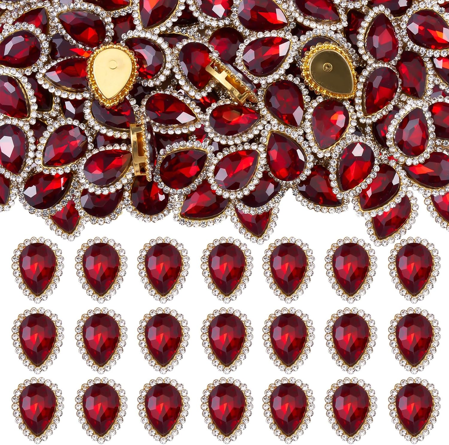 30Pcs Sew On Rhinestone Tear Drop Crystal Glass Rhinestone Metal Flatback Embellishment DIY Crafts Gems for Costume Dress Wedding Crafting(Wine Red)