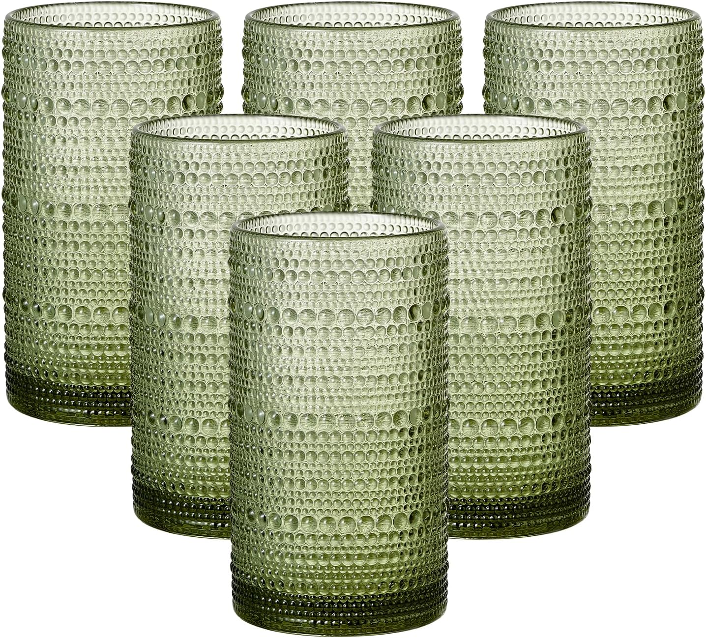 GDCCI 16oz Hobnail Drinking Glasses Set of 6, Vintage Large Capacity Embossed Green Tumblers, Highball Glasses for Water, Cocktail, Beer, Whiskey, Juice & Bar Use