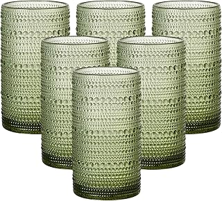 16oz Hobnail Drinking Glasses Set of 6, Vintage Large Capacity Embossed Green Tumblers, Highball Glasses for Water, Cocktail, Beer, Whiskey, Juice & Bar Use