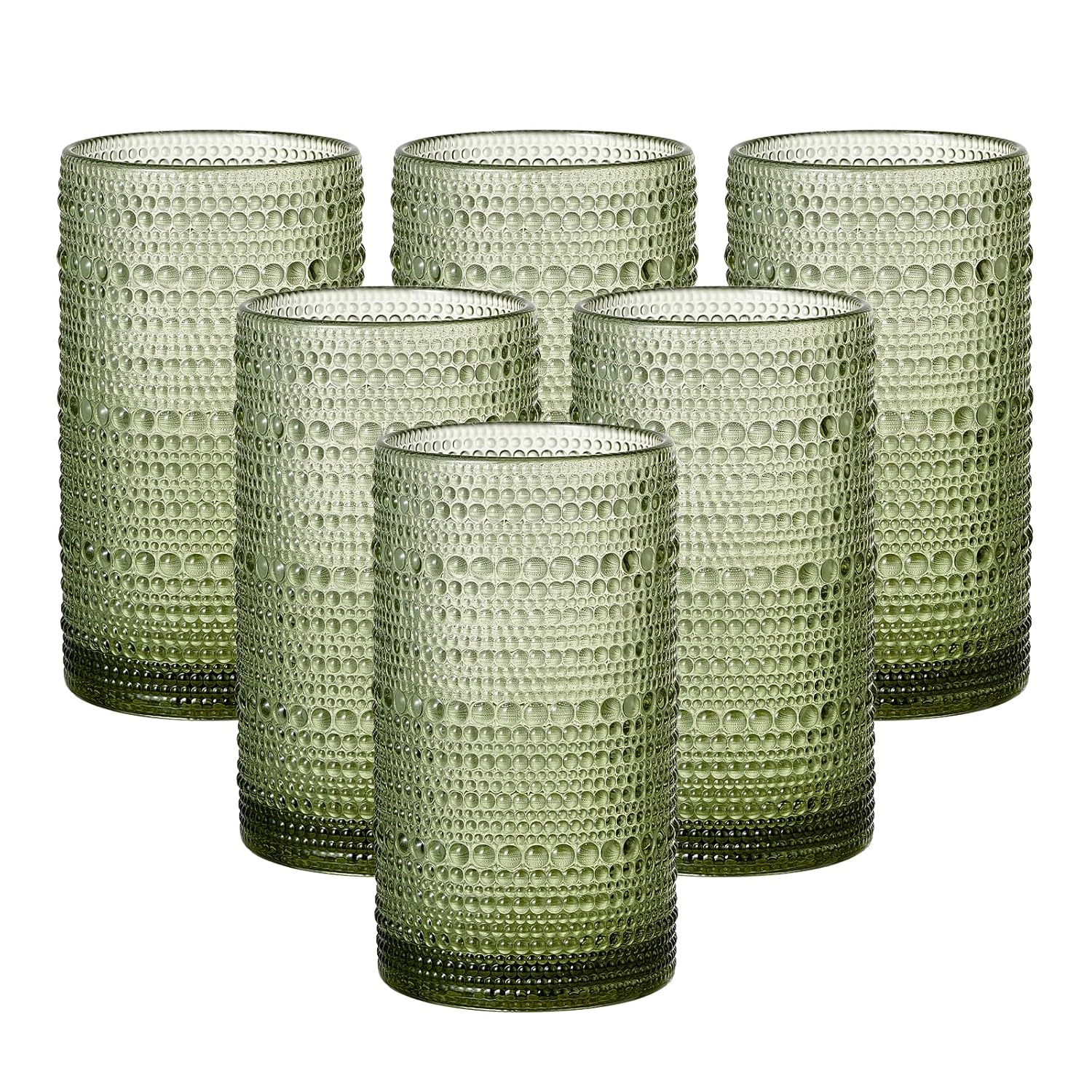 GDCCI 16oz Hobnail Drinking Glasses Set of 6 Vintage Large Capacity Embossed Green Tumblers Highball Glasses for Water