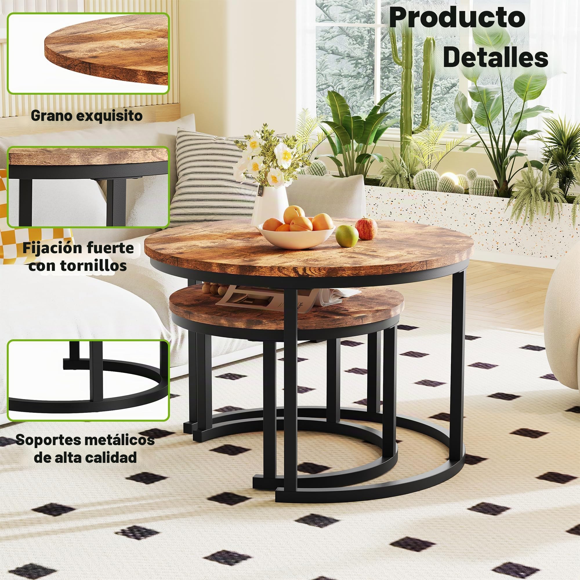HOMERECOMMEND Juego de 2 mesas de centro redondas, color marrón rústico | Mesa de sofá moderna con estructura de metal negro,Mesa de centro de roble, mesa auxiliar nido para sala de estar