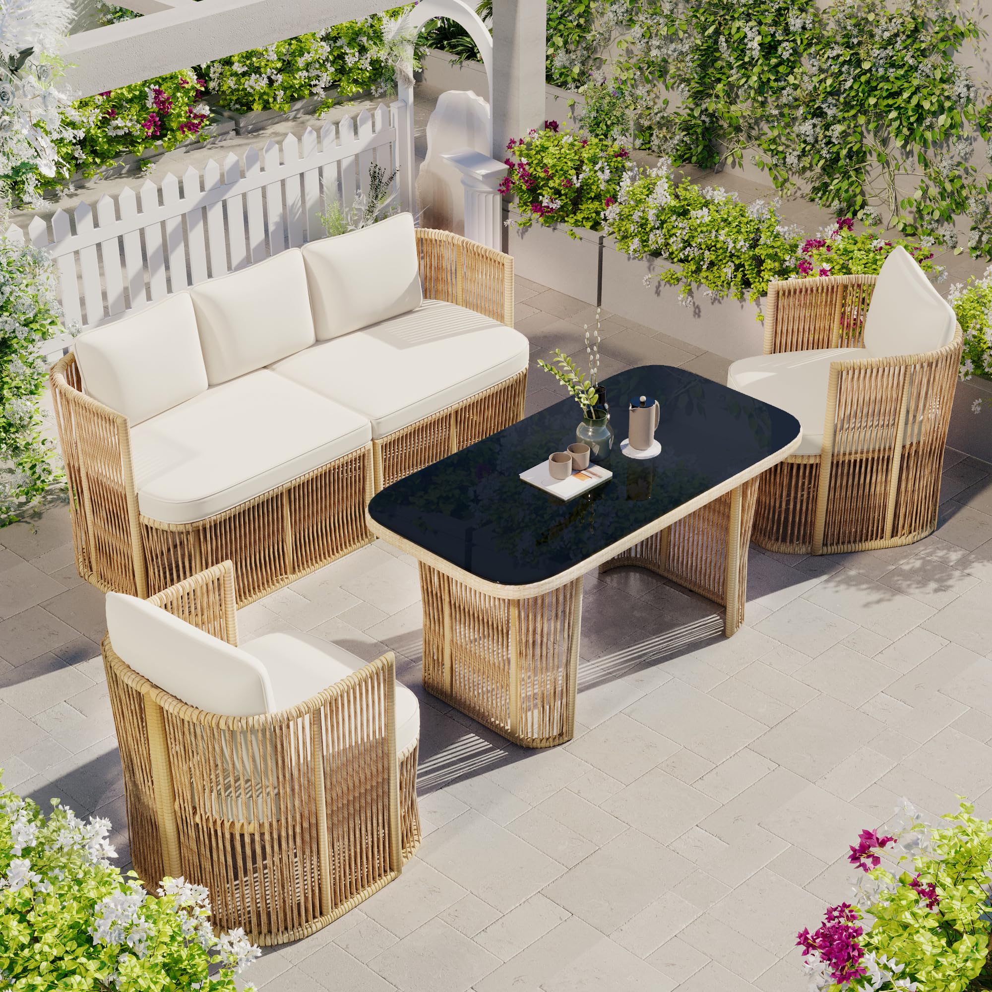 Conjunto de Jardin Exterior de Ratán para 5 Personas, 4 Piezas, Set Muebles Jardin con Mesa y 2 Sillones, Sillas con Cojines, Juego de Muebles de Jardín para Patio Terraza (Beige + Negro)