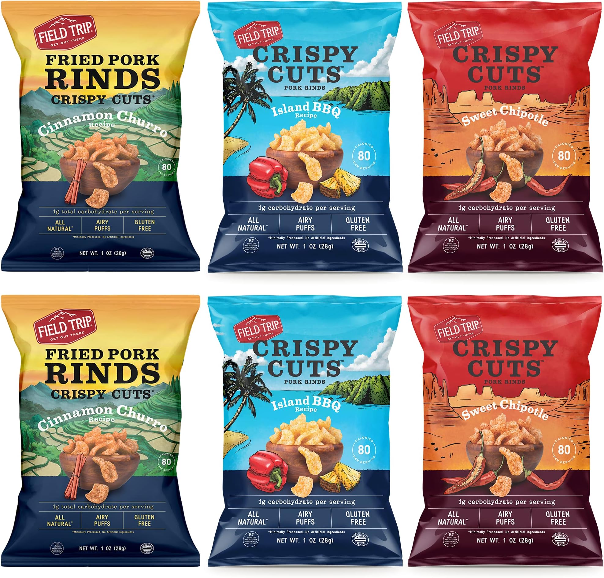 Gluten Free Pork Rinds, Crunchy Paleo and Keto Friendly Snack, High Protein Low Carb Snacks, Island BBQ, Cinnamon Churro, and Sweet Chipotle, 1oz Bag, 6 Variety Pack