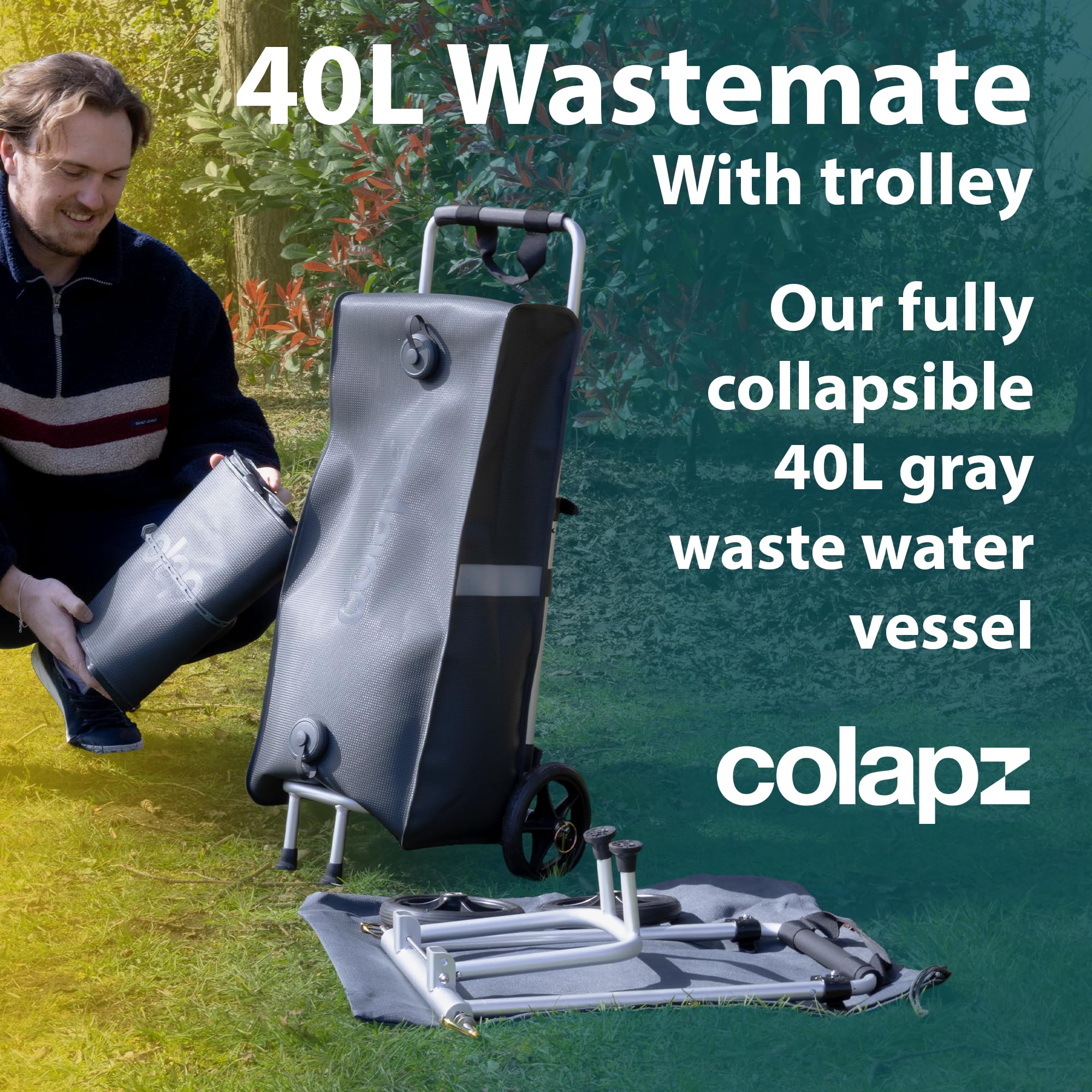 Colapz Wastemate zbiornik na szarą wodę 40L składany z wózkiem – pojemnik na ścieki do kampera i przyczepy kempingowej, oszczędność miejsca, trwały materiał EVA, kompatybilny z Flexipipes