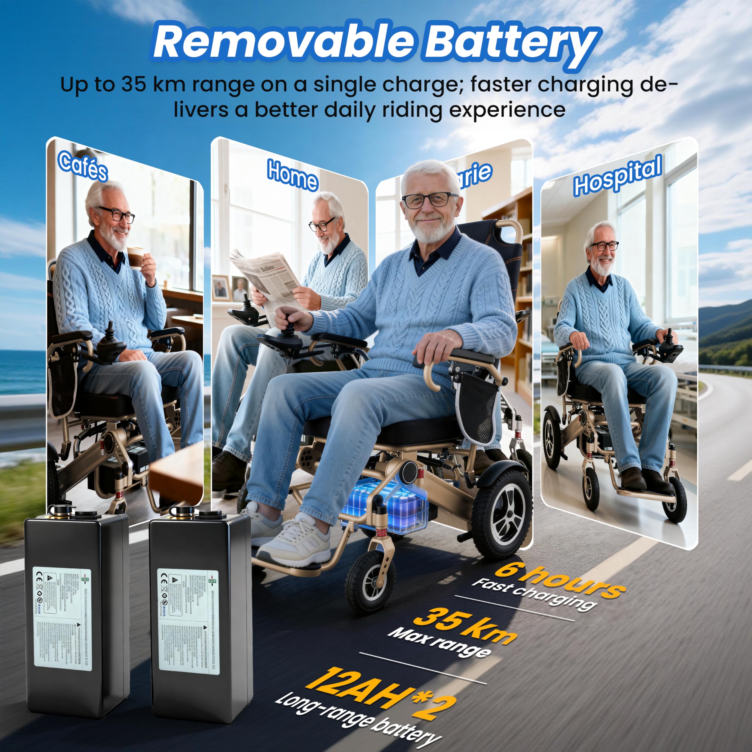 48+KM Fauteuil roulant électrique pour adultes, puissance du moteur 700 W, 150 kg, largeur d'assise 51 cm, fauteuil roulant léger, pliable, tout terrain, avec 2 batteries Li-ion 12 Ah, avec