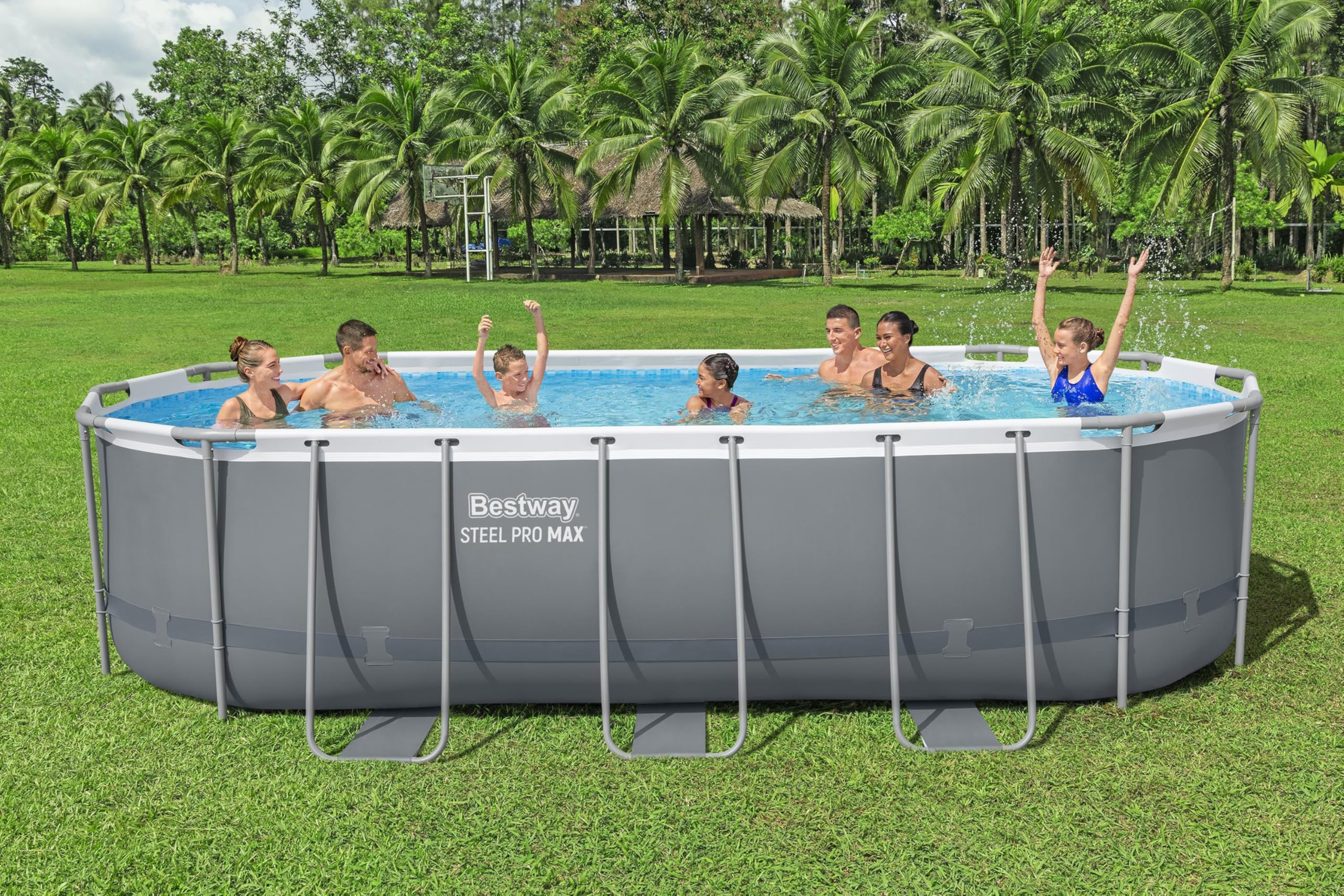 Bestway Steel Pro MAX Frame Pool Komplett-Set, 549 x 274 x 122 cm, 13.430 L, TriTech-Material, Filterpumpe, Sicherheitsleiter, Abdeckplane, Fliesenmosaik, einfacher Aufbau, langlebiger Stahlrahmen