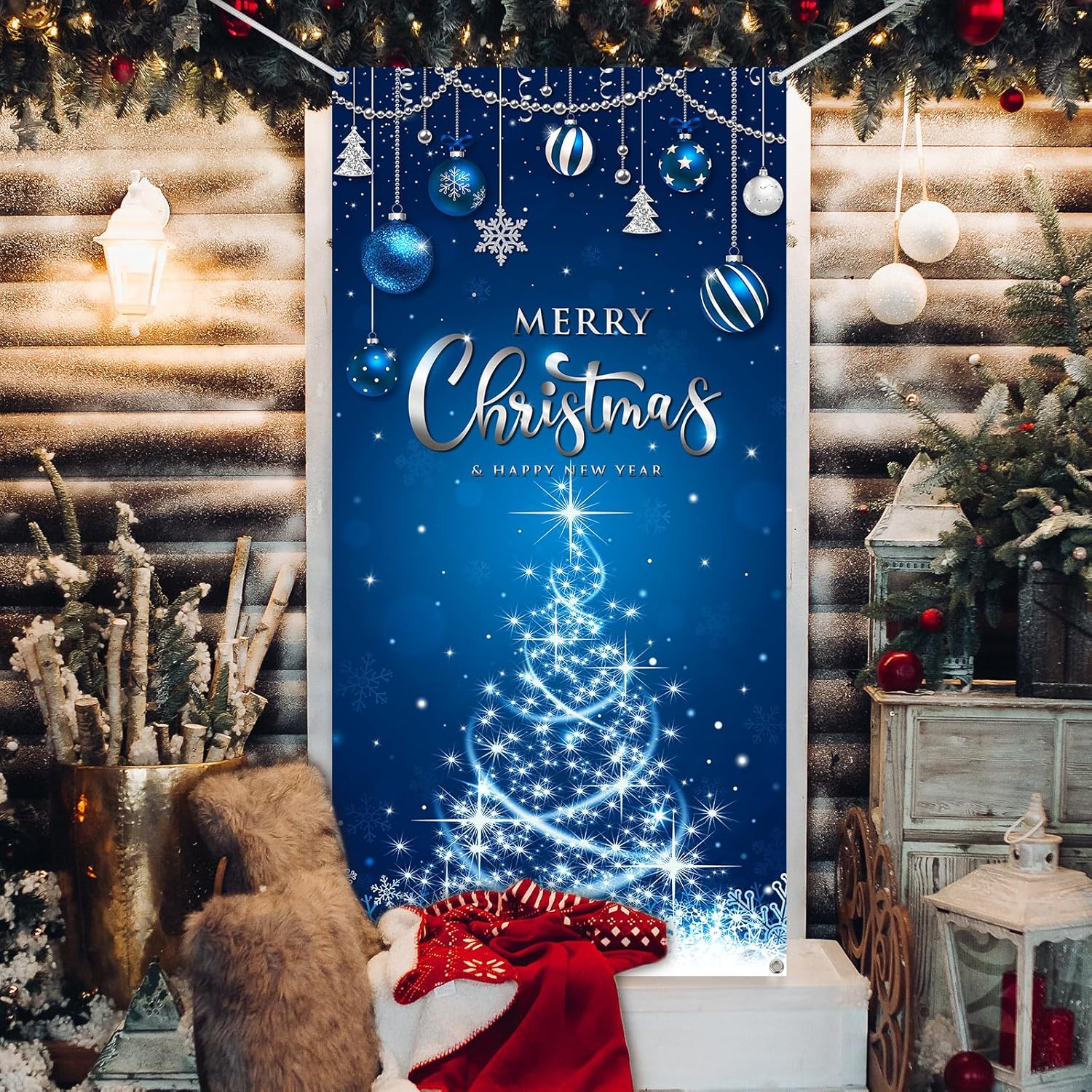 Irenare Christmas Decorations Merry Christmas Door Cover Xmas Background Banner Xmas Door Hanging Covers Photo Props for Winter Party Decorations Supplies, 70.9 x 35.4 Inch(Blue)
