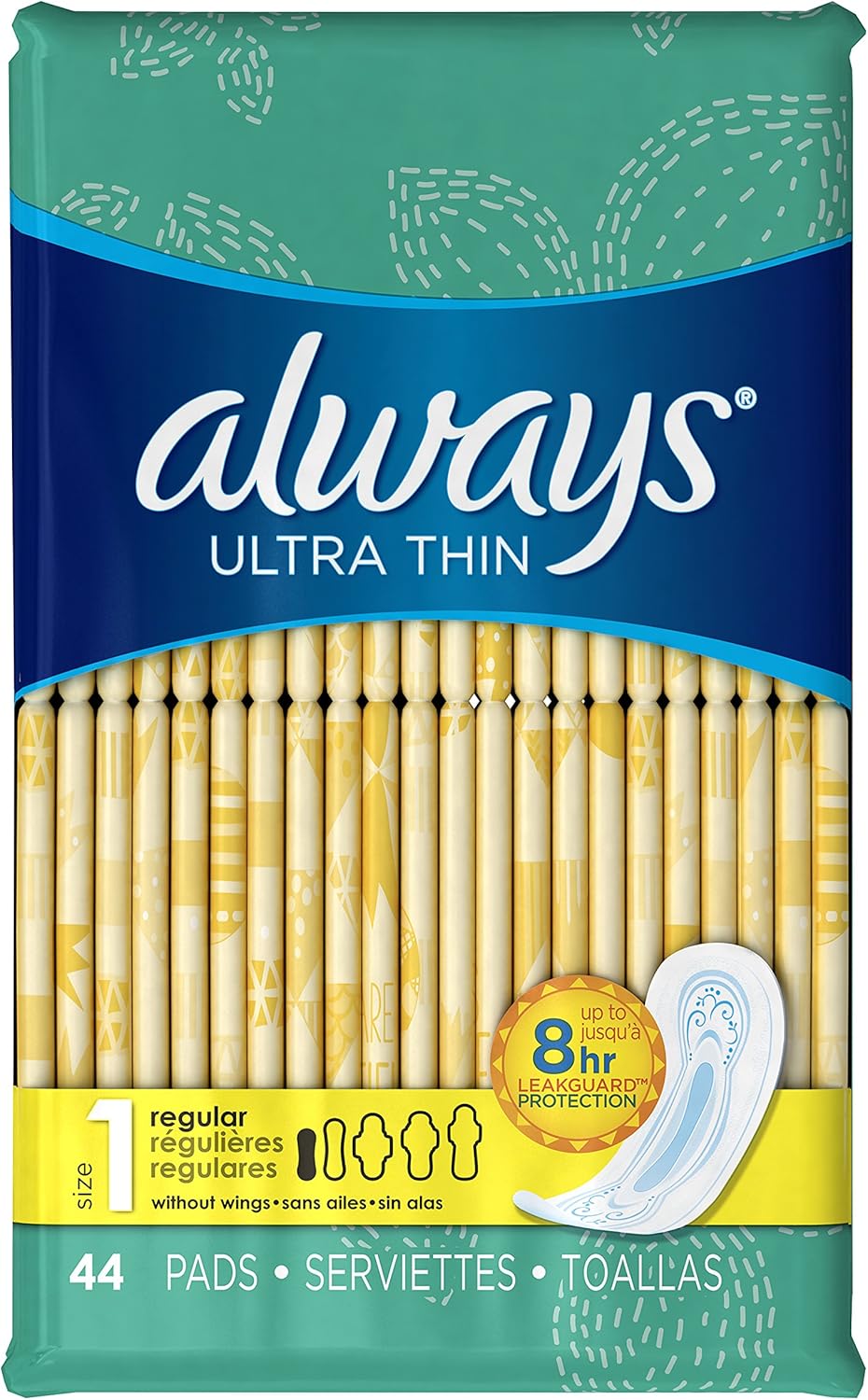 Always Ultra Thin Pads for Women, Size 1 Regular Absorbency Without Wings Unscented, 44 Count (Pack of 3)