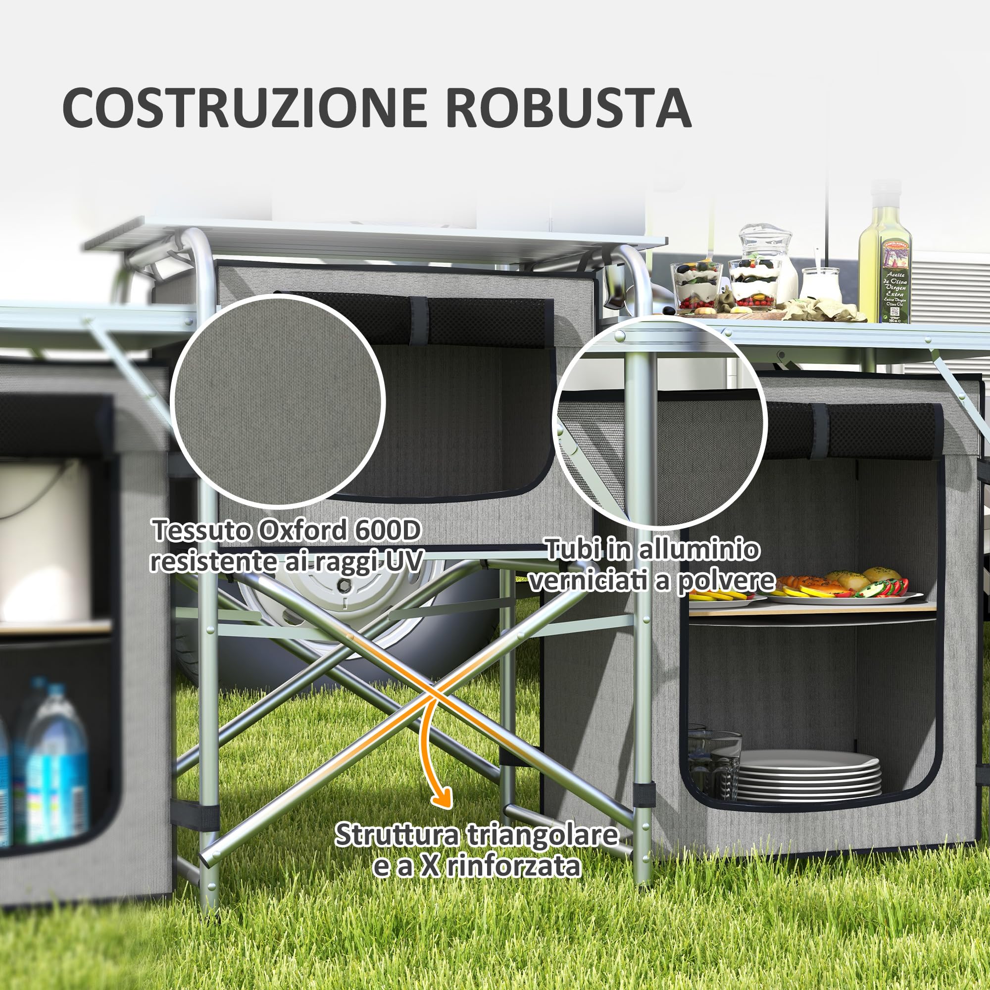 Outsunny Cucina da Campeggio Pieghevole a 3 Piani con 5 Ripiani Interni e 4 Ganci, in Alluminio, MDF e Tessuto Oxford, 172x48x119 cm, Grigio e Argento