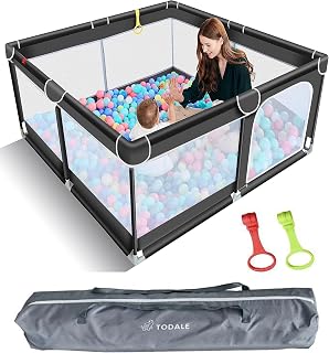 TODALE Baby Playpen Anti-Slip Base, Safe & Sturdy Play Yard for Babies, Toddlers, Infants- Large Fence Area with Zipper- Play Pen Indoor, Outdoor Activity Center W/Carbon Steel Frame (Black, 50”×50”)