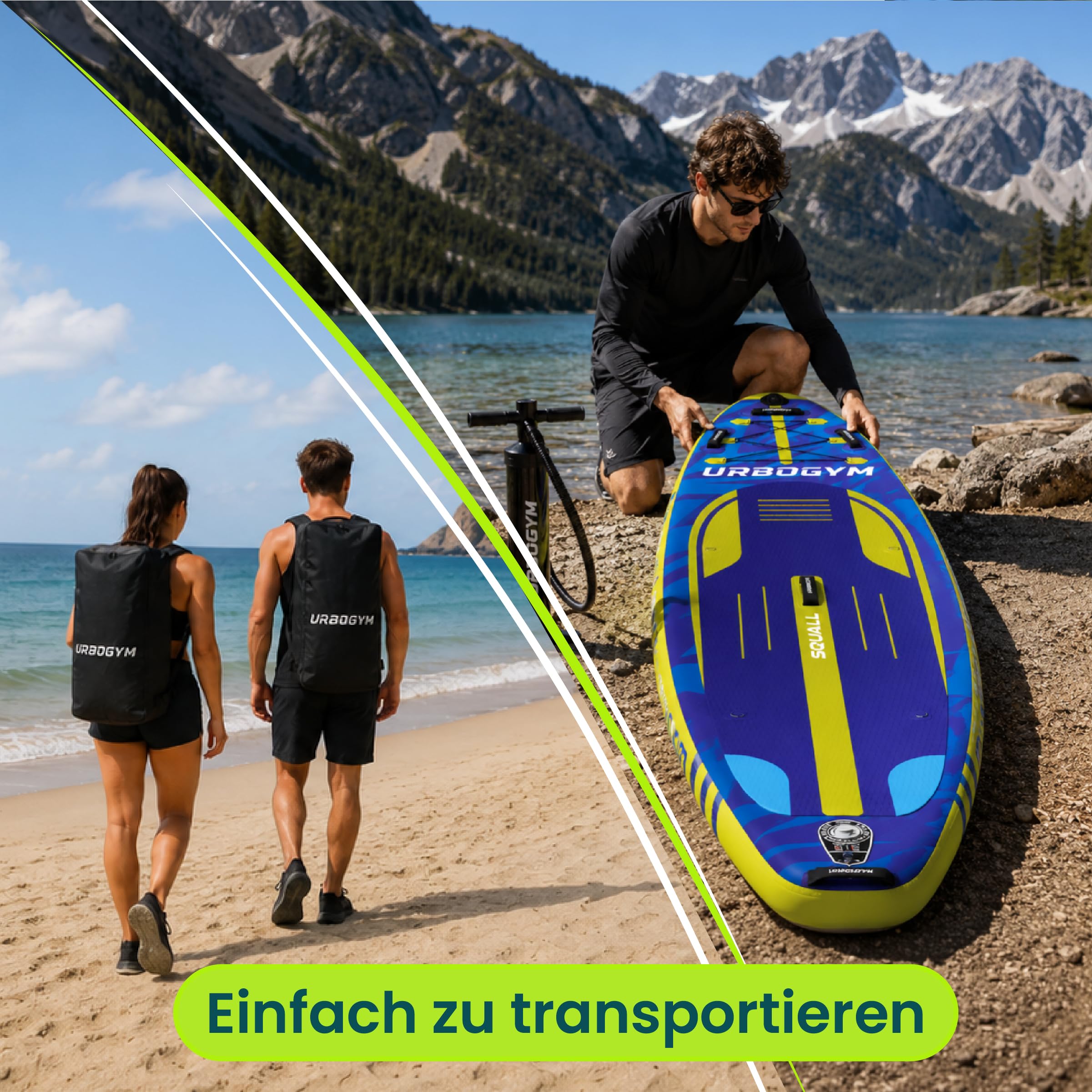 Squall 320 SUP Board 320×81×15cm bis 150kg – stabiles aufblasbares Stand Up Paddle Board Komplett-Set mit 2in1-Paddel, Doppelhubpumpe, Rucksack, Leash, 3 Finnen, Kick-Pad und Kamerahalterung