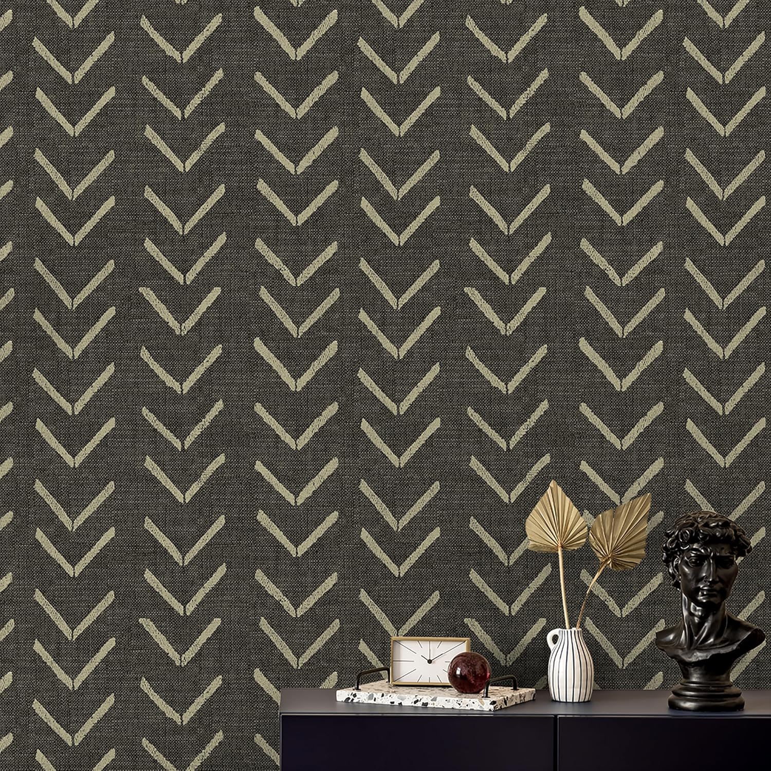 Surface Style - Peel and Stick Wallpaper, Geometric Wallpaper for Bedroom, Dorm Room Essentials, Self Adhesive, Vinyl, 30.75 Sq Ft Coverage (Bogolan Sky Collection, Ebony)