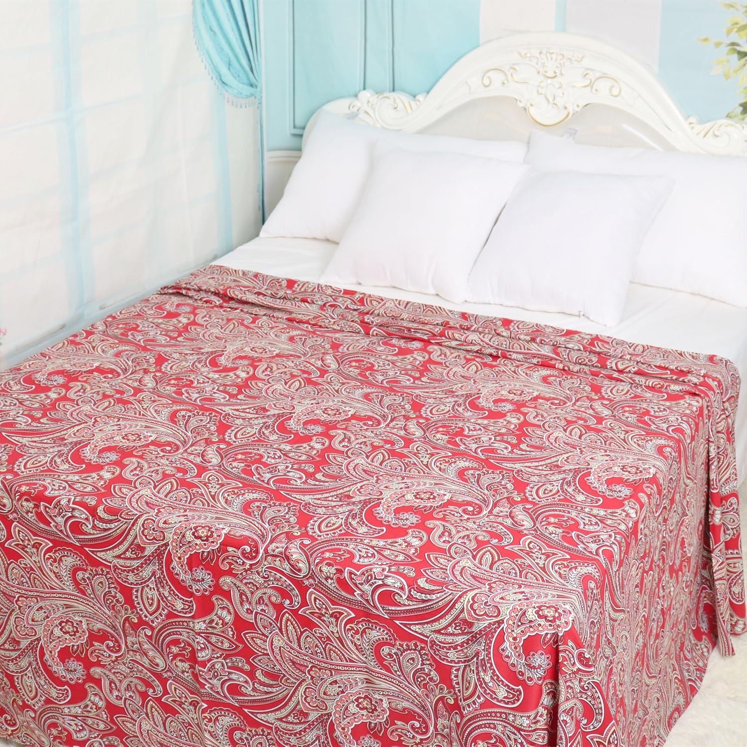 Red Flat Sheets Only King Size Paisley Printed Pure Cotton Flat Bed Sheets Easy Care Top Sheets