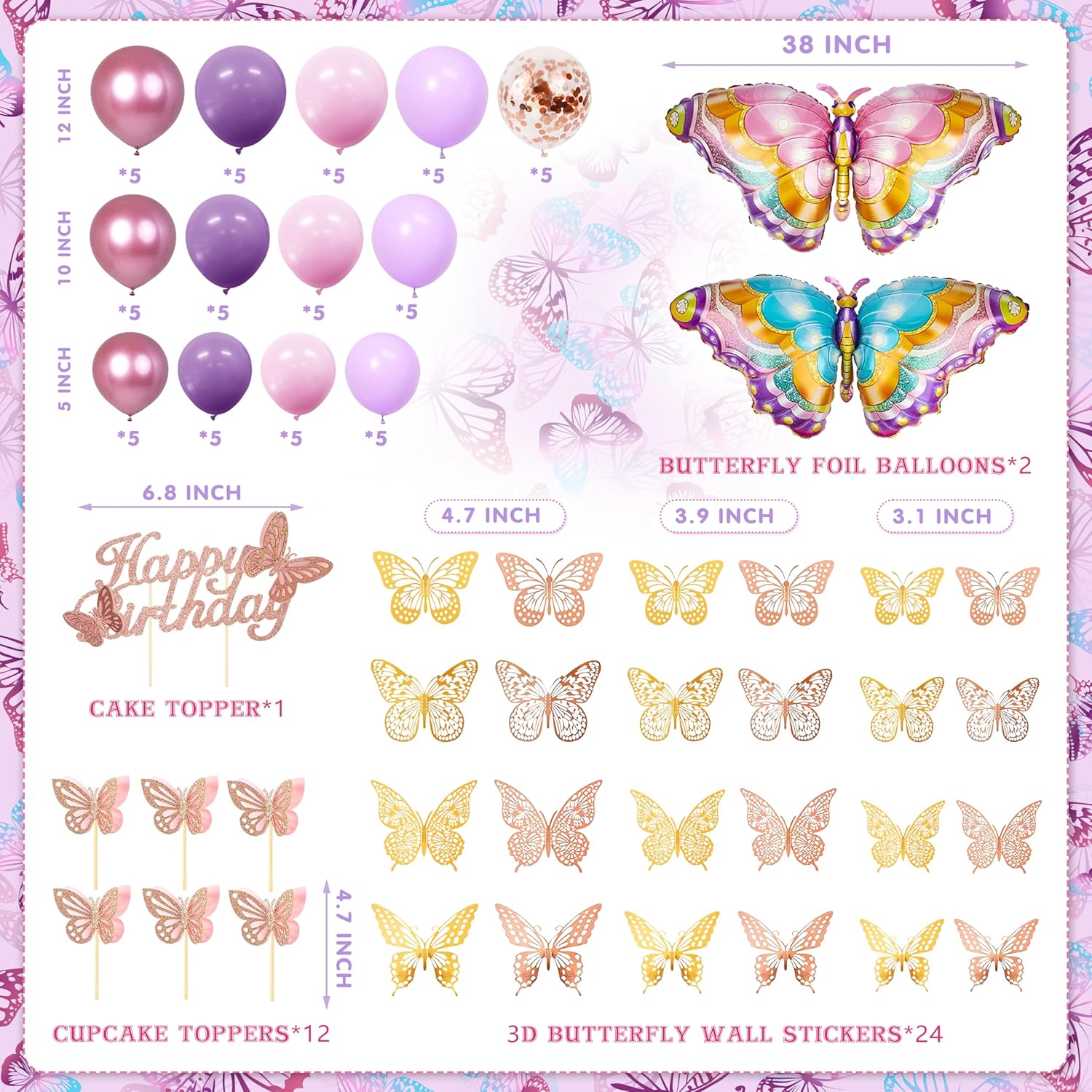 Butterfly Birthday Decorations Party Supplies for Girls Women with Pink Purple Balloon Arch Kit Backdrop Tablecloth Butterfly Wall Decor Foil Balloons Cake Toppers - Image 3