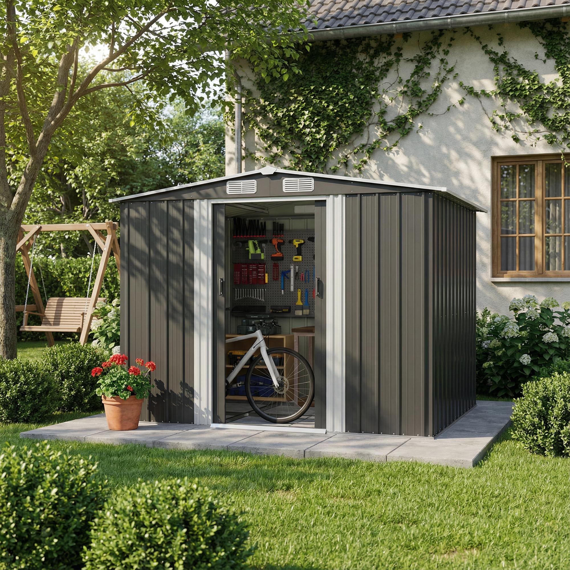 Devoko Abri de Jardin 199x234x192cm, Grand Rangement Extérieur pour Outils, Vélos et Poubelles, Toit Penté et Ventilation Inclus, Résistant aux Intempéries, pour Jardin, Terrasse et Pelouse, Noir
