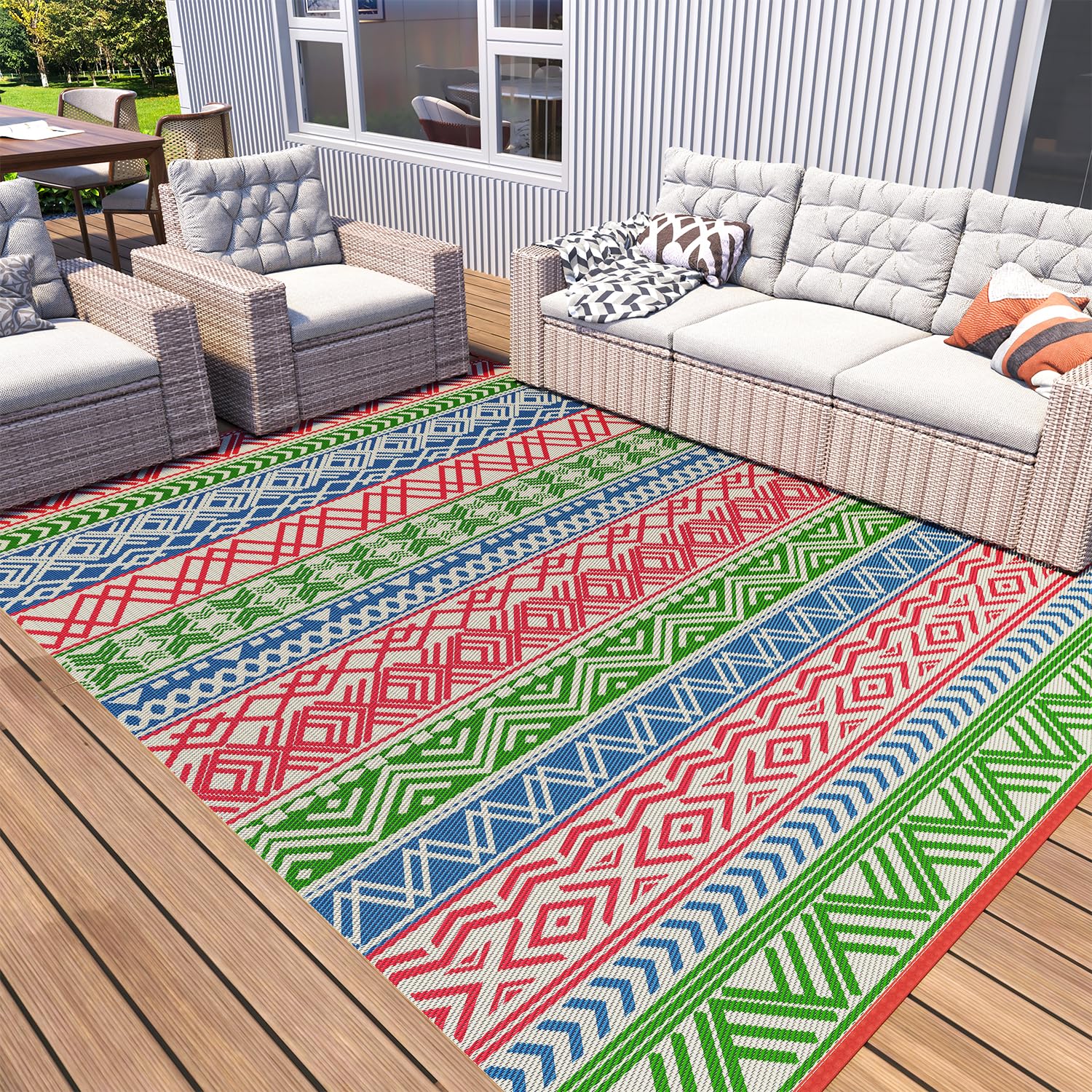 MontVoo Outdoor Rug Carpet 8x10 Waterproof-Patio Rug Mat Reversible RV Camping Rug Picnic Mat Plastic Straw Outside Rug for Balcony Porch Deck Beach-Boho Outdoor Area Rug for Patio Decor Colorful