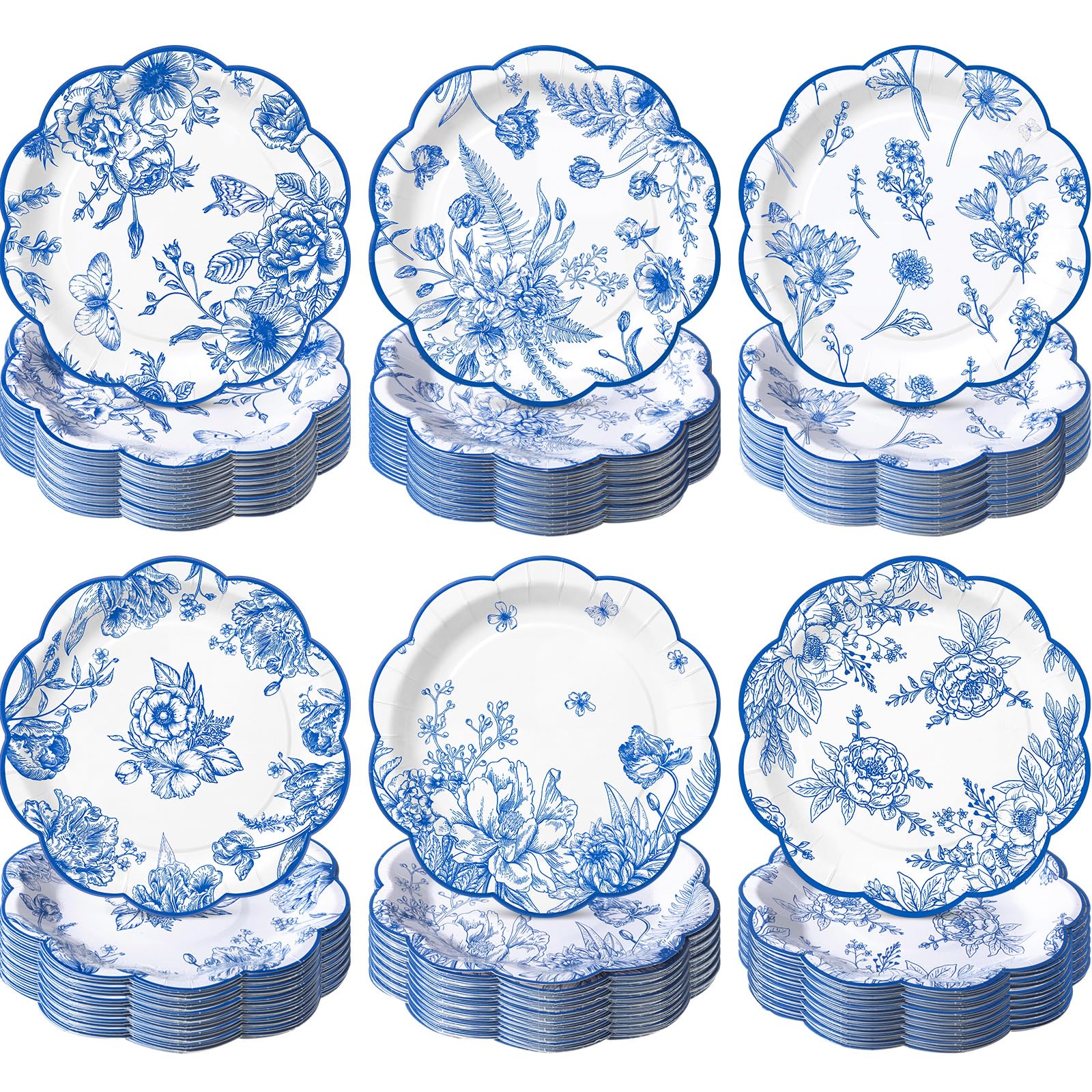 Funnymoom 60 Pcs 7 Inch Blue Floral Plate Blue and White Toile Scalloped Paper Plates for Dessert Disposable Vintage Flower Party Decor Tableware for Spring Wedding Bridal Shower Tea Party Supplies