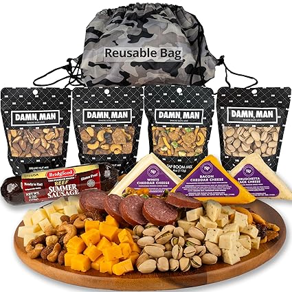 Gourmet Meat and Cheese Gift Basket for Men, Women -Summer Sausage, 3 Cheese Varieties, 4 Speciality Nut Varieties, Over 2 lbs, Charcuterie Food Items, Christmas Food Gift Basket for Adults, Care Package