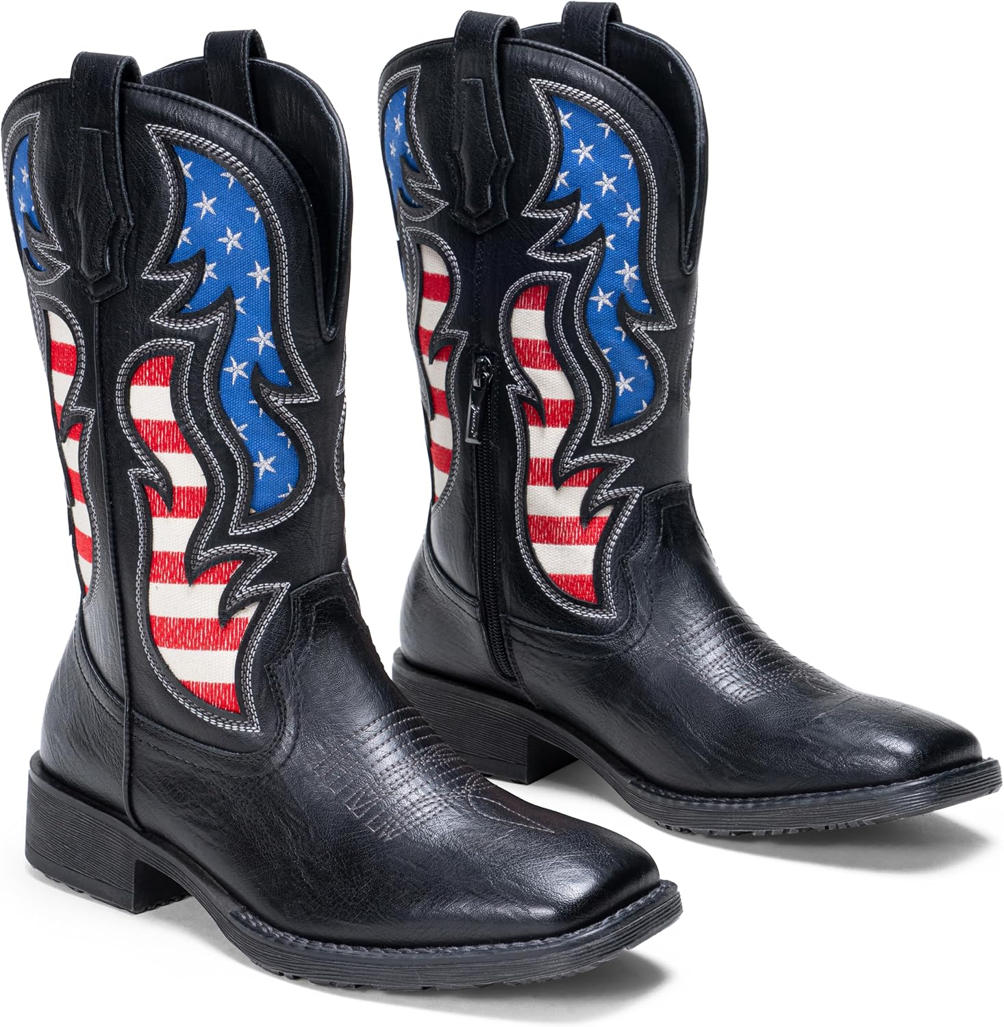 Jousen Cowboy Boots for Men Western Boot Side Zipper American Flag Retro Square Toe Mid-Calf Mens Boots