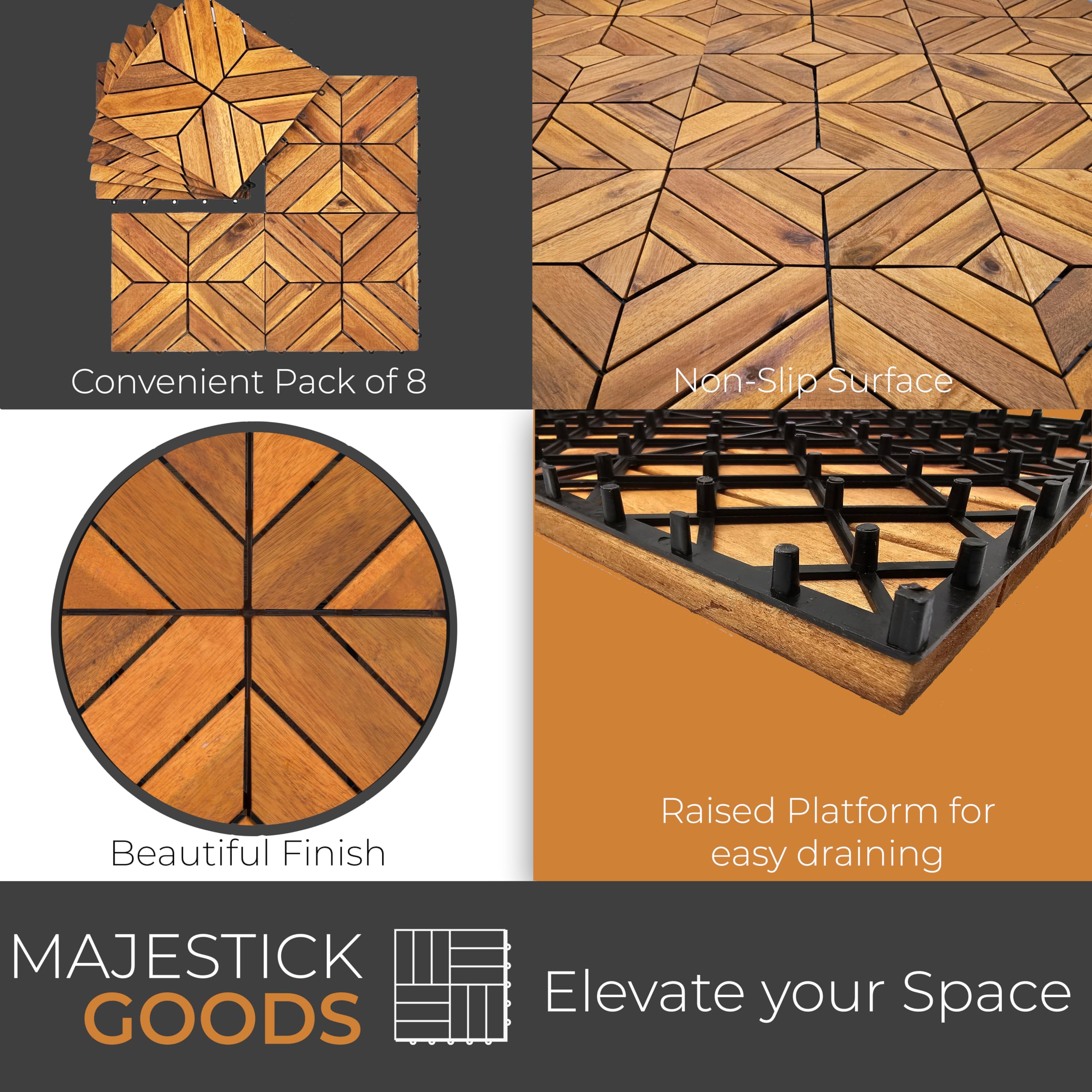 Paquete de 8 azulejos entrelazados de listones X – Suelo de madera de acacia de 12 x 12 pulgadas para exteriores para patio | Azulejo de cubierta de piso de clic