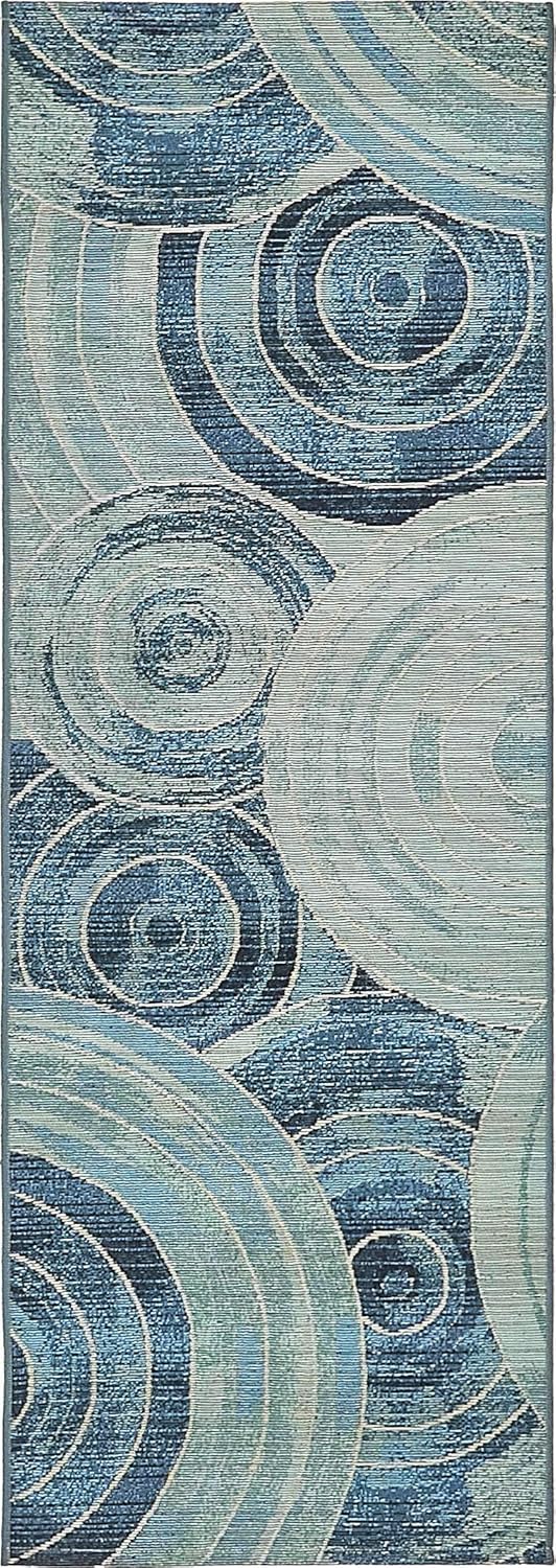 Unique Loom Outdoor Modern Collection Area Rug - Rippling (2' x 6' 1" Runner, Light Blue/ Navy Blue)