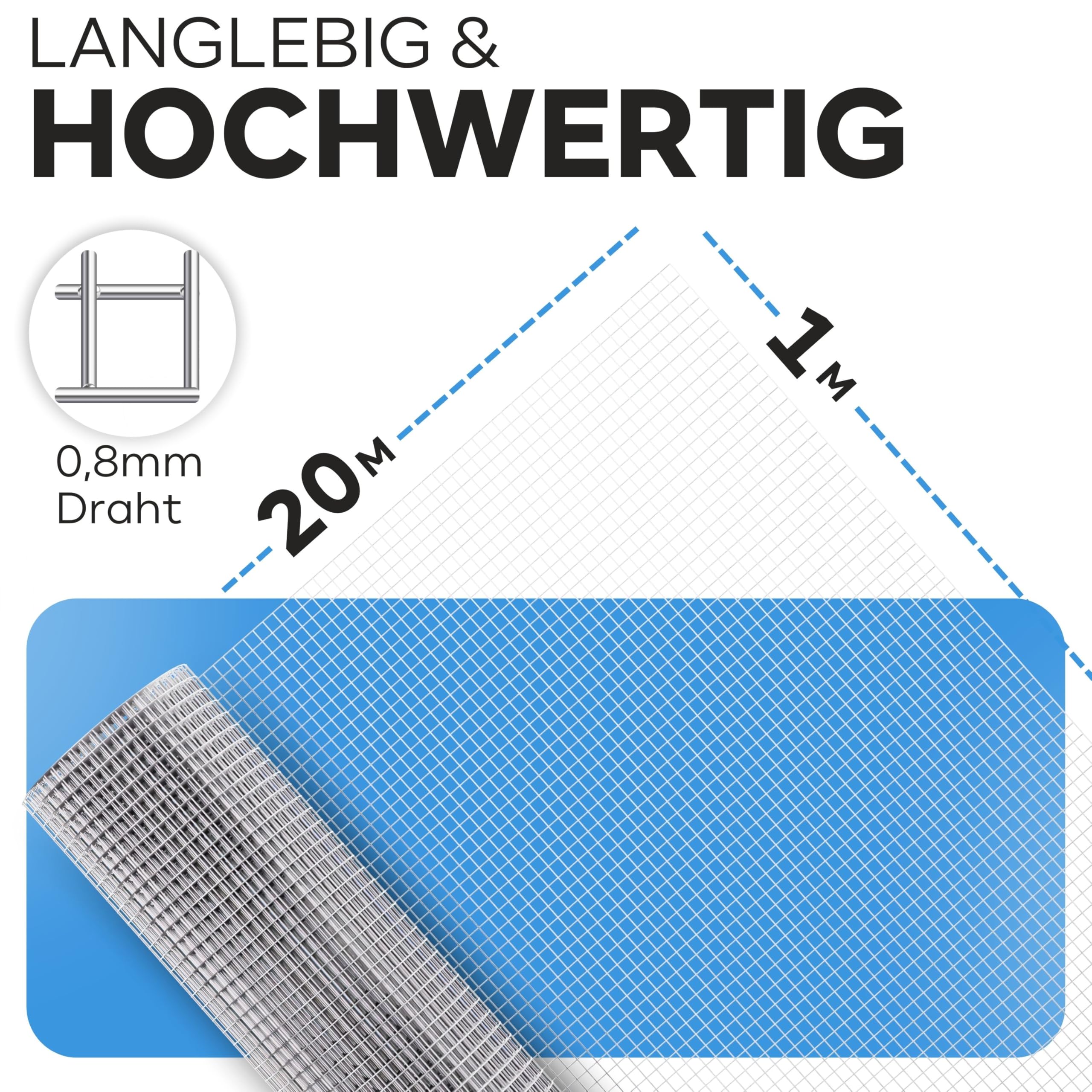KrapTrap Volierendraht Drahtgitter, verzinkt, 20 m x 1 m, 12 x 12 mm, stabiler Kaninchendraht, Wühlmausgitter, Vogeldraht