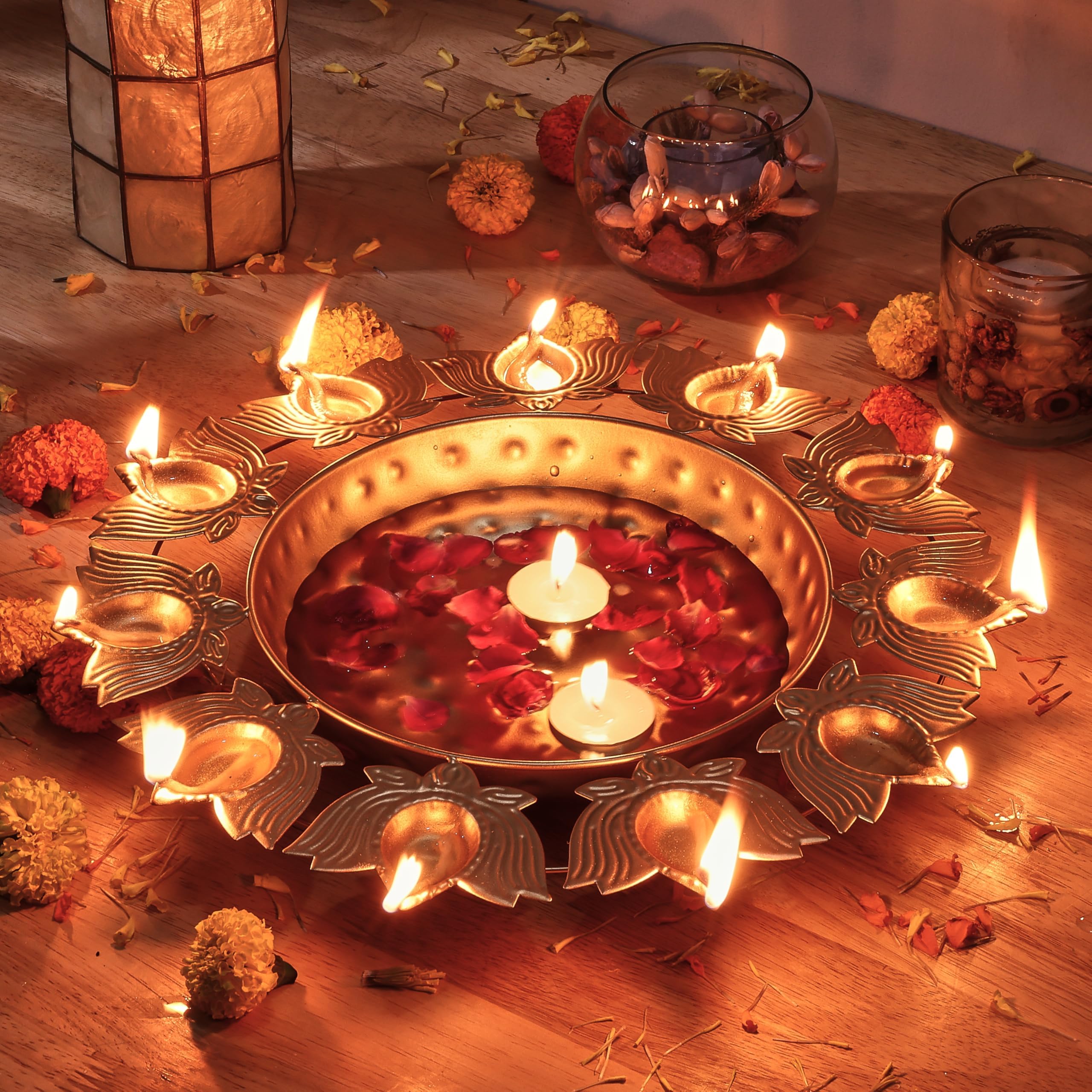 Amazon Brand - Solimo Gold Polished Decorative Metallic Lotus Tealight Candle Holder - Urli Bowl | for Floating Flowers & Tealights | for Diwali, Weddings, Anniversaries, House Warmings | Gold Finish-image-8