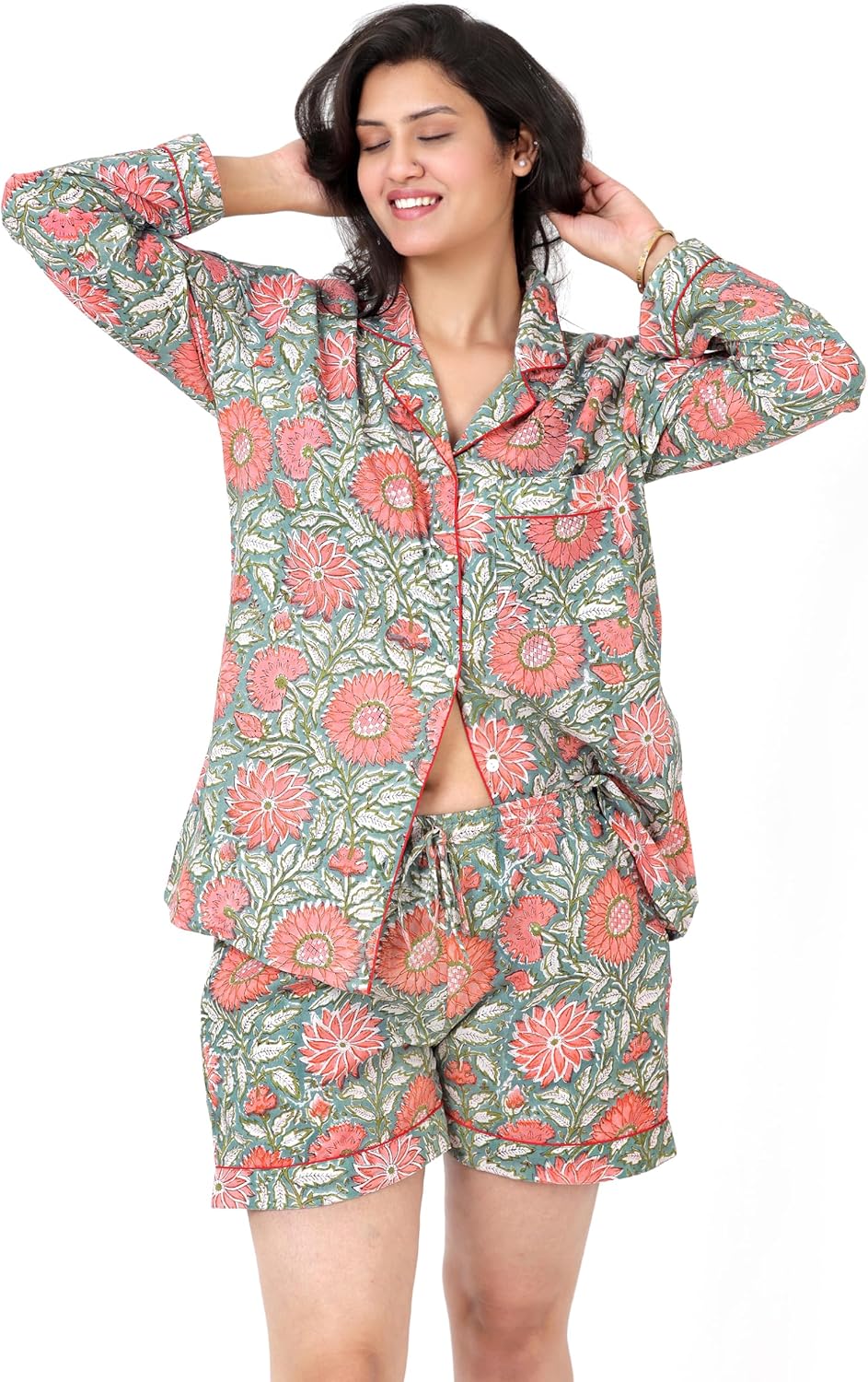 Huar Women Pajama Set, 4 pcs Button Down Vacation Beach Cotton Set, Lounge wear PJ Set For Birthday - Image 3