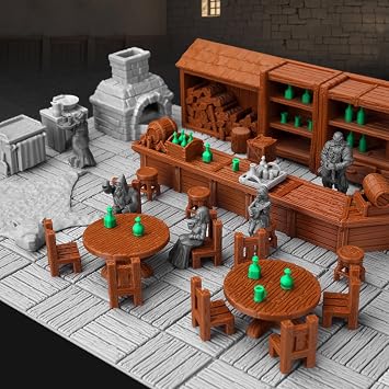 AUSPDICE 74 Pcs Tavern Bar Furniture RPG Terrain Set Detailed DND Accessories for Tabletop Role-Playing Miniature Props for Dungeons and Dragons, TTRPG Maps, and Wargame Campaigns AF634A