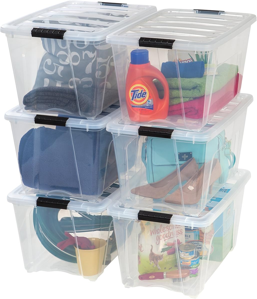 6-Pack 54 Quart Storage Bins with Lids, Clear | Transparent design makes contents easy to find. Perfect for moving, blankets, clothing, and garage storage. Nestable design