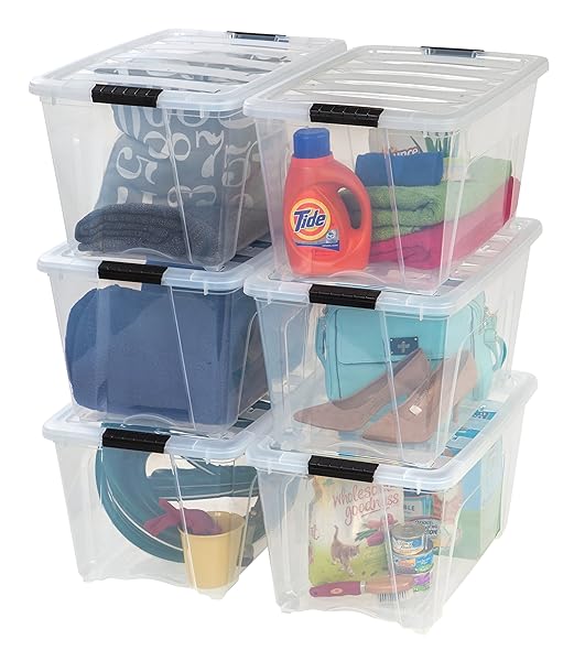 IRIS USA 72 Qt Stackable Plastic Storage Bins with Lids, 4 Pack - BPA-Free, Made in USA - See-Through Organizing Solution, Latches, Durable Nestable Containers, Secure Pull Handle - Clear
