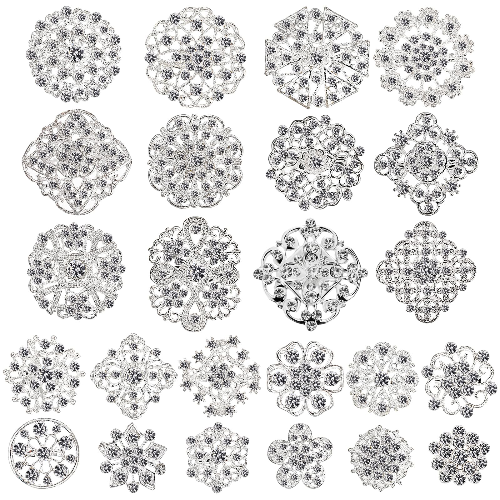 Lot 24 Pcs Crystal Brooches Pins, Silver Shining Clear Rhinestone Brooches Flower Jewelry Bridal Wedding Bouquet Kit Gift for Girls, Women, DIY Decoration
