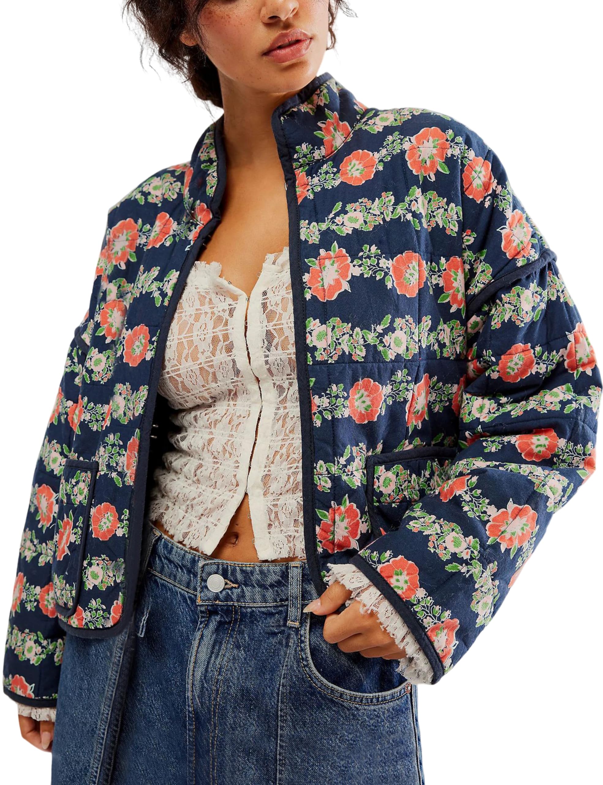 YeokouWomens Cropped Puffer Jackets Floral Printed Cardigan Lightweight Padded Coat with Pockets