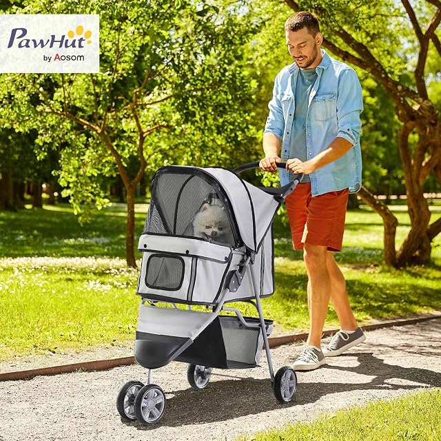 Foto 2 de 8 de PawHut Cochecito Plegable Mascotas 75x45x97cm Perros Gatos Carrito Ruedas giran 360º Gris
