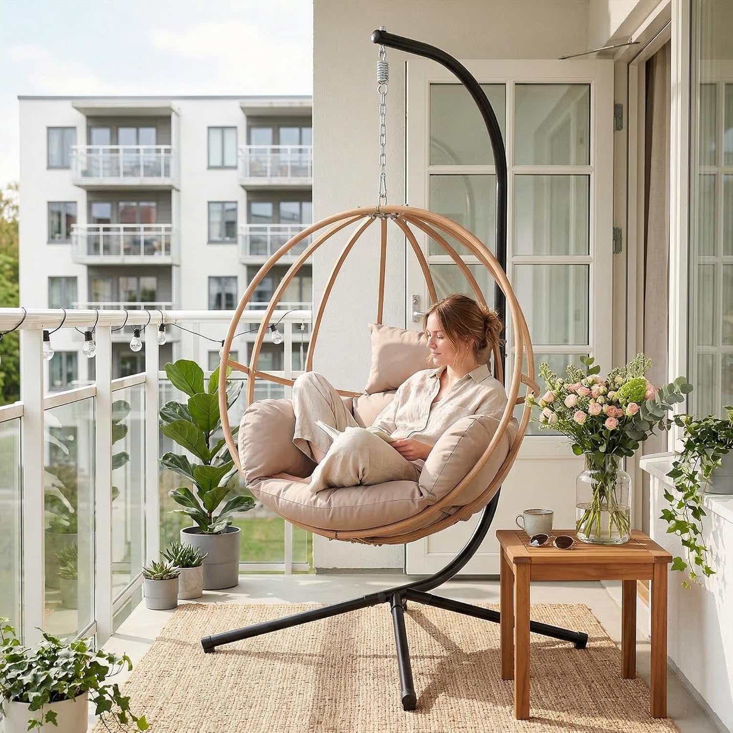 Egg Chair Outdoor, Imitation Rattan Hanging Egg Chair with Stand, Hanging Chairs with Cushions, 80" High All Weather Basket Swinging Chairs, Egg Swing Chairs Outdoorfor Balcony/Deck, Khaki