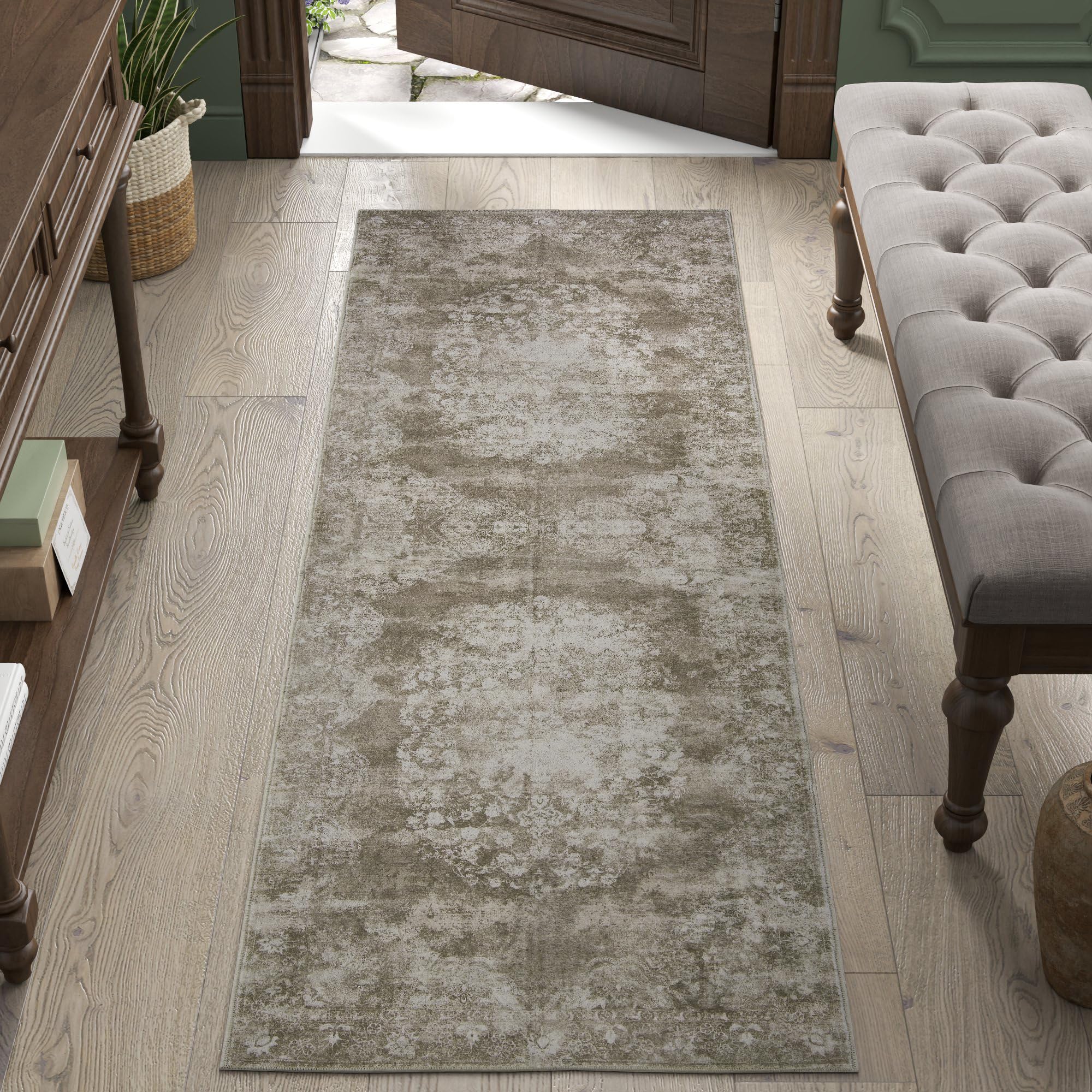 Photo 1 of jinchan Vintage Floral Runner Rug 2x5 - Machine Washable Distressed Design Non-Slip Low-Pile Soft Thin Carpet for Hallway Kitchen Farmhouse Bedroom Entryway Laundry Room (2x5ft, Brown)