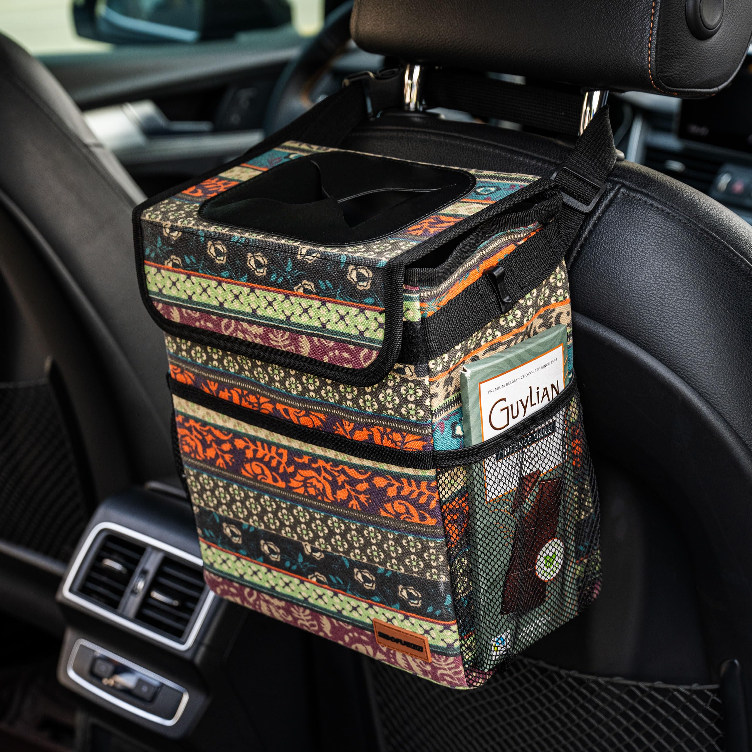 SIBOFUEGO - Cubo de basura para coche, bonito cubo de basura a prueba de fugas con tapa y bolsillos de almacenamiento, para hombre y mujer, estilo bohemio azteca, imprescindible, accesorios para el interior del coche, estilo bohemio carnaval.
